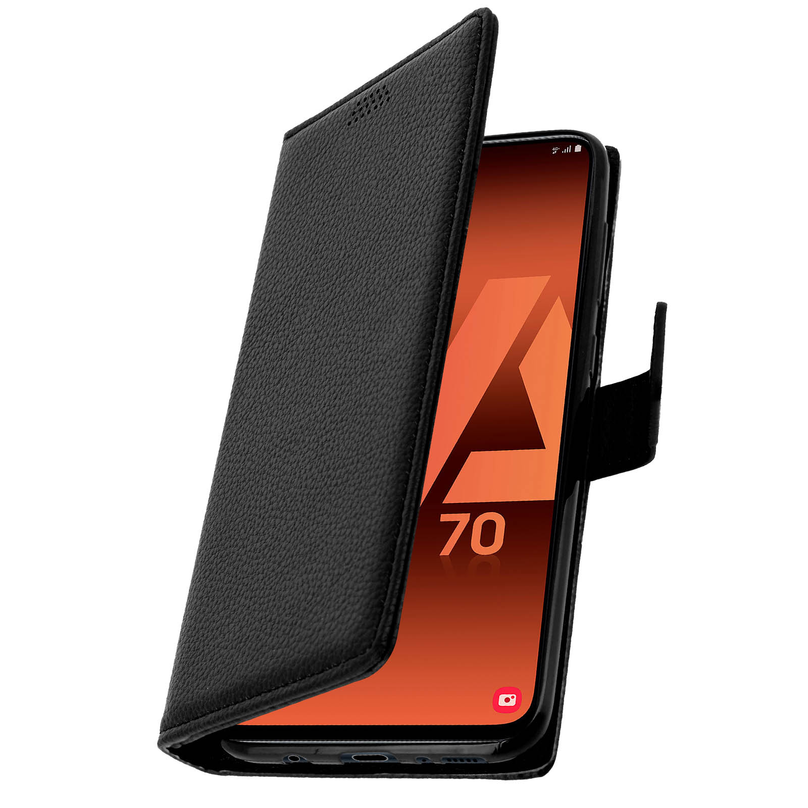 Un étui de téléphone noir avec un téléphone à l'intérieur. Le téléphone affiche le chiffre 70 en orange.