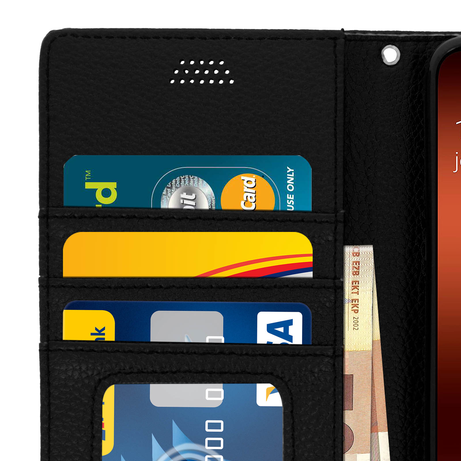 Gros plan d'une coque de téléphone avec cartes de crédit et billets en euros.