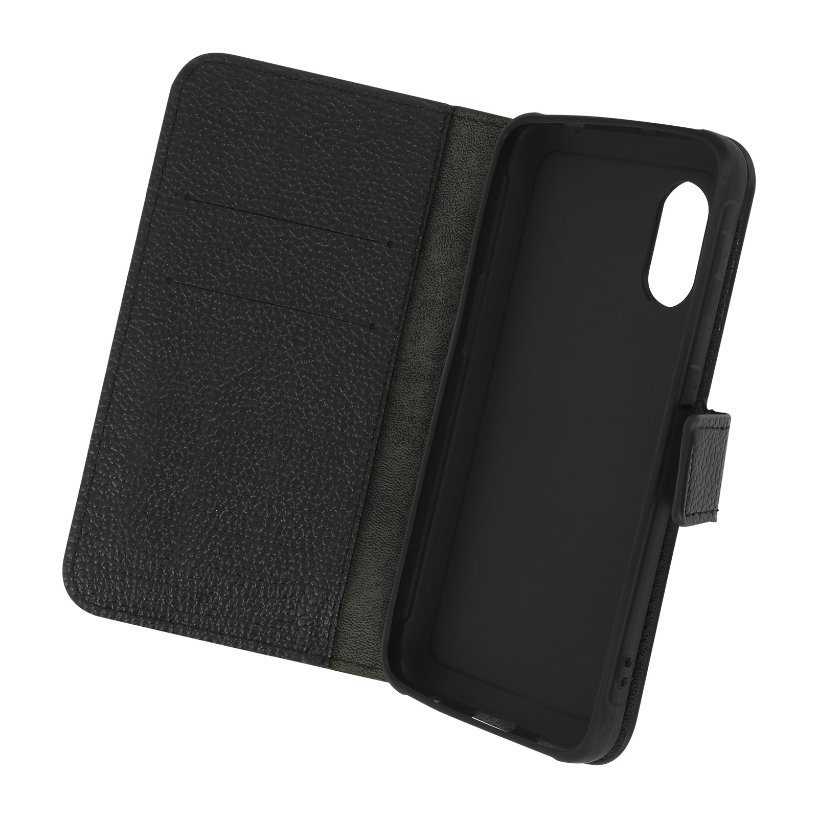 Étui de téléphone en cuir noir, ouvert pour révéler l'intérieur. Étui de téléphone avec fentes intérieures et intérieur noir.