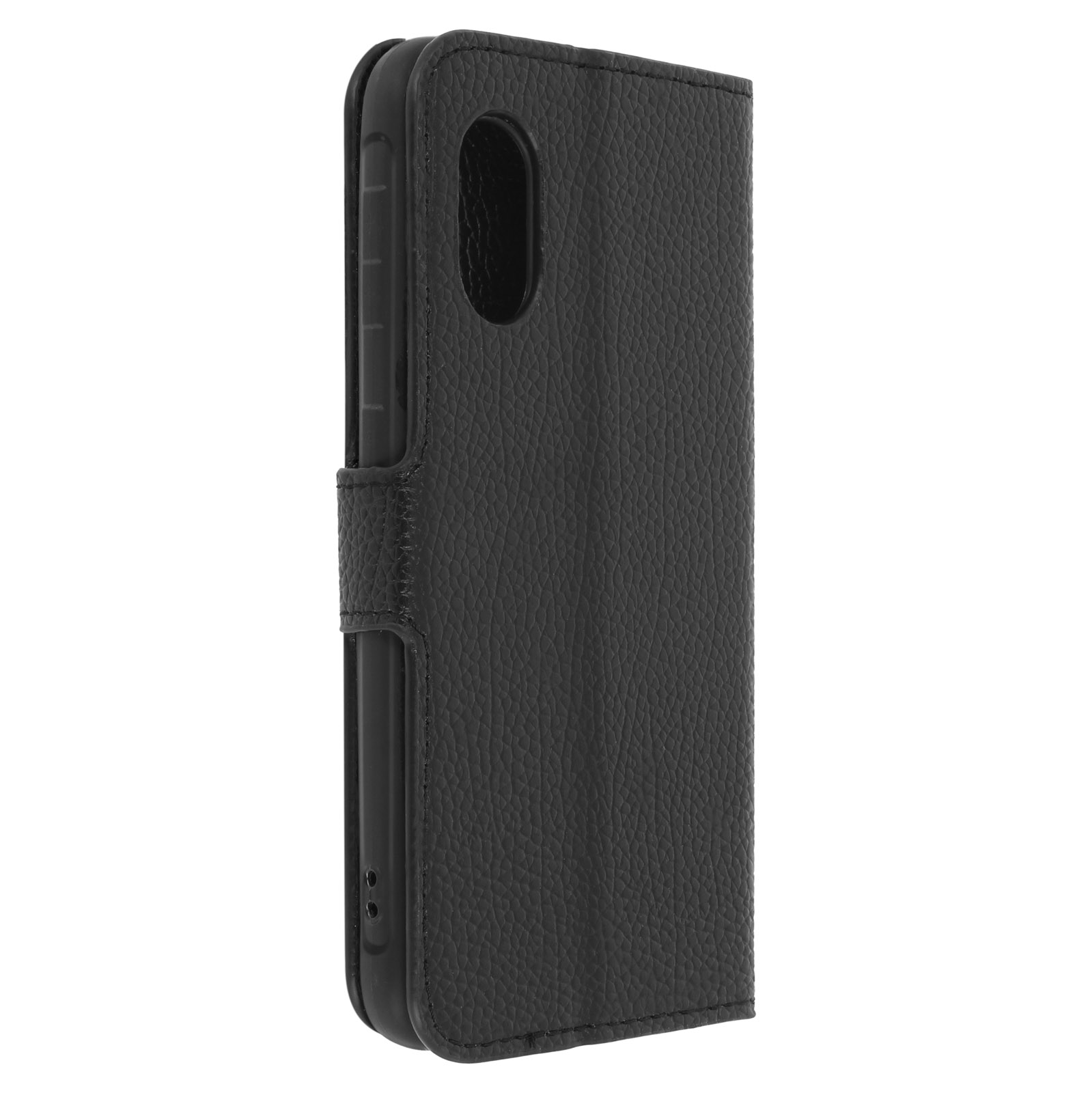 Étui de téléphone en cuir noir, fermé, avec une finition texturée et une fermeture magnétique.