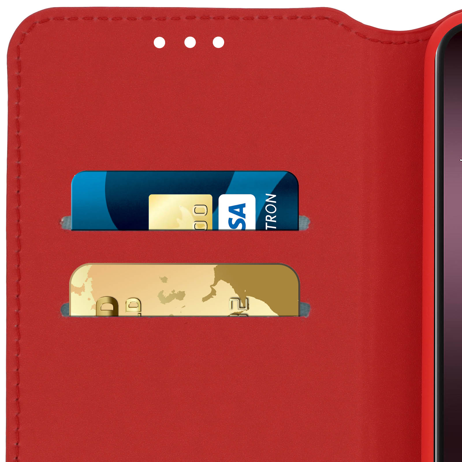 Étui de téléphone rouge avec emplacements pour cartes. Deux cartes insérées.
