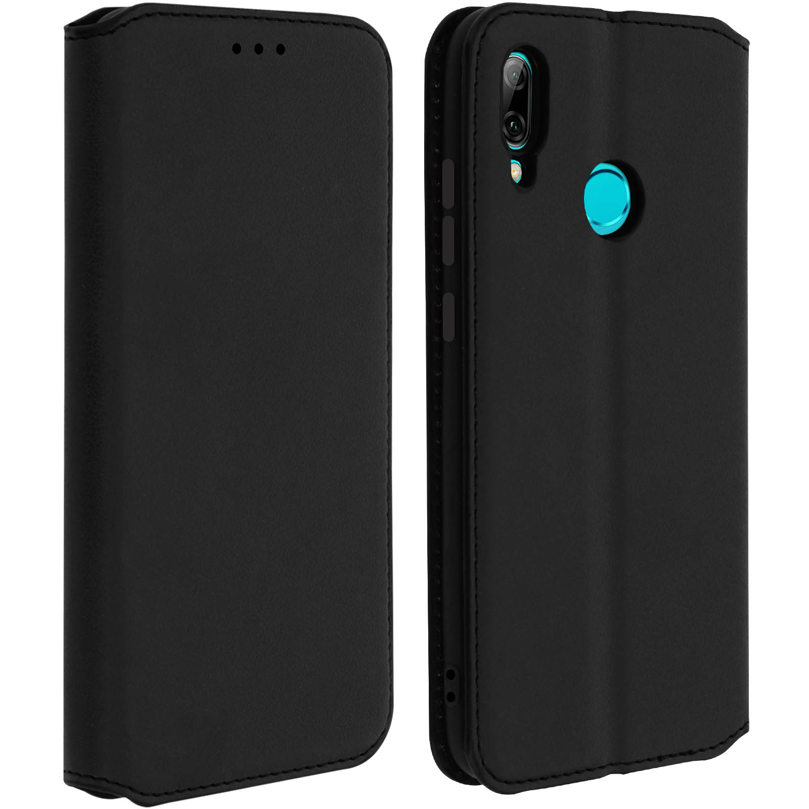 Custodia nera, aperta, con telefono. Custodia e telefono neri. Fotocamera blu.
