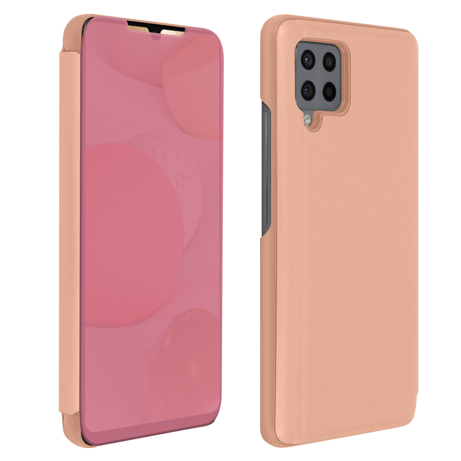 Funda melocotón, teléfono visible, con configuración de triple cámara.