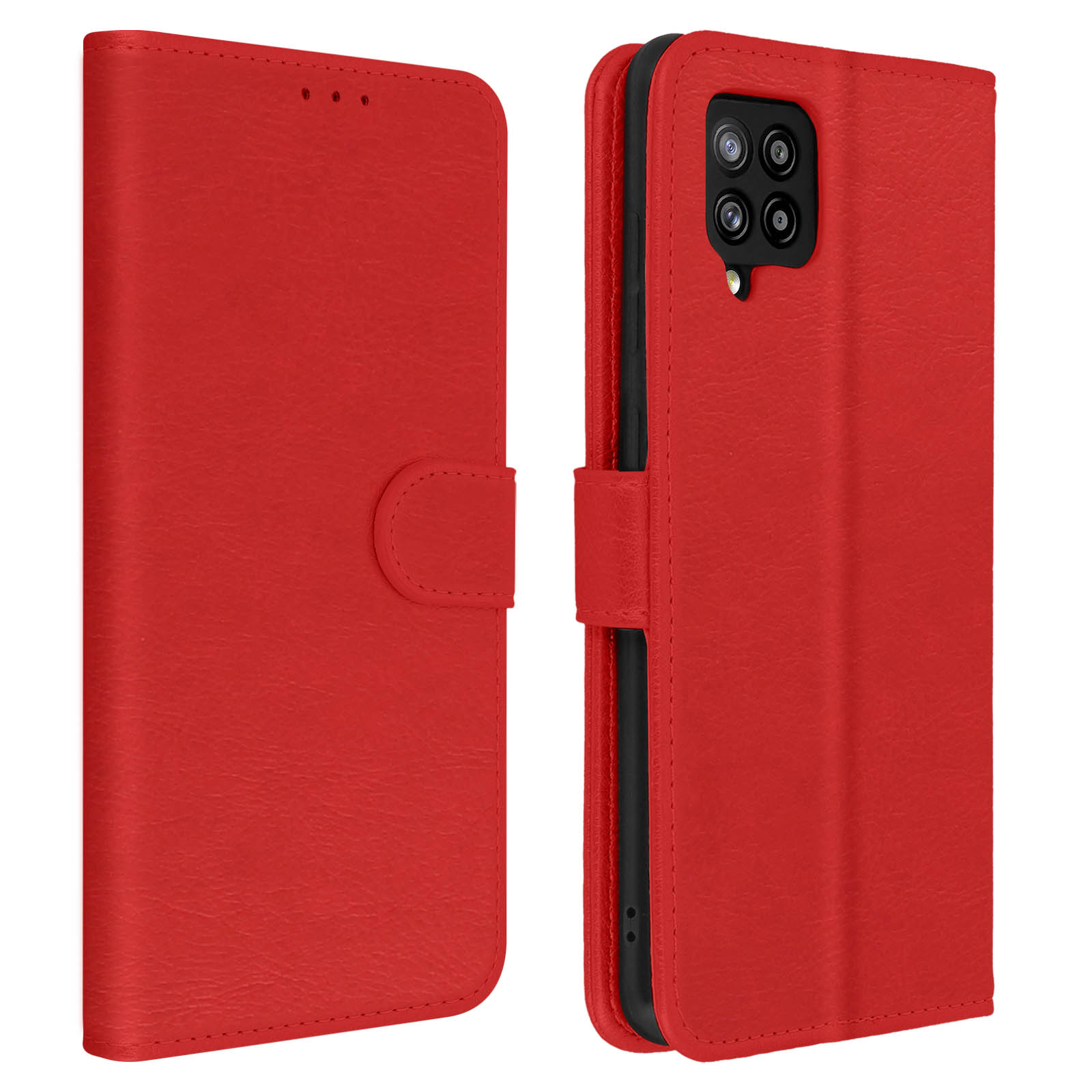 Custodia in pelle rossa, chiusa e aperta. La custodia aperta mostra la fotocamera del telefono.