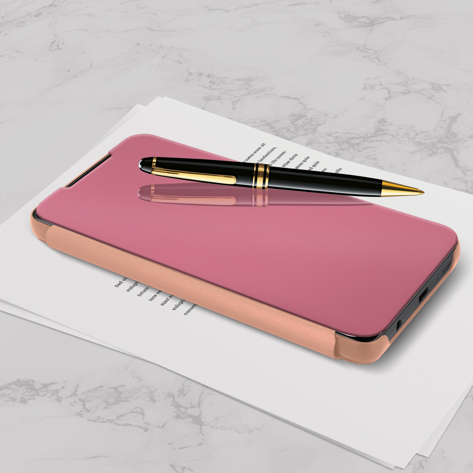 Un teléfono en una funda rosa y un bolígrafo sobre documentos, sobre mármol.