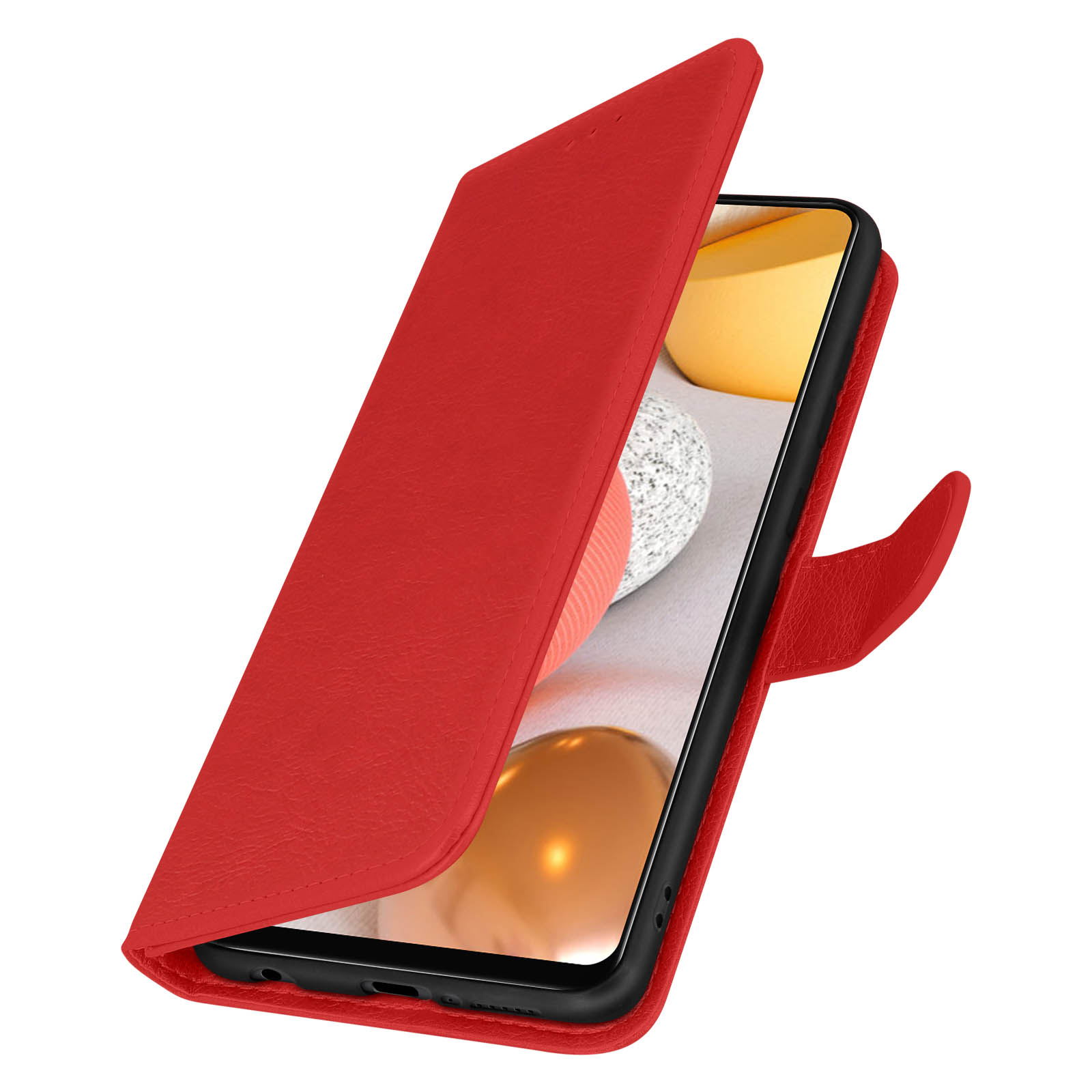 Custodia rossa aperta. Telefono nella custodia. Sfondo con sfere dorate sfocate.