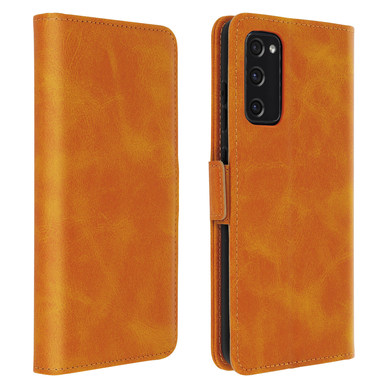 Étui de téléphone marron, ouvert et fermé, avec fente pour téléphone. Fermeture magnétique et emplacements cartes.