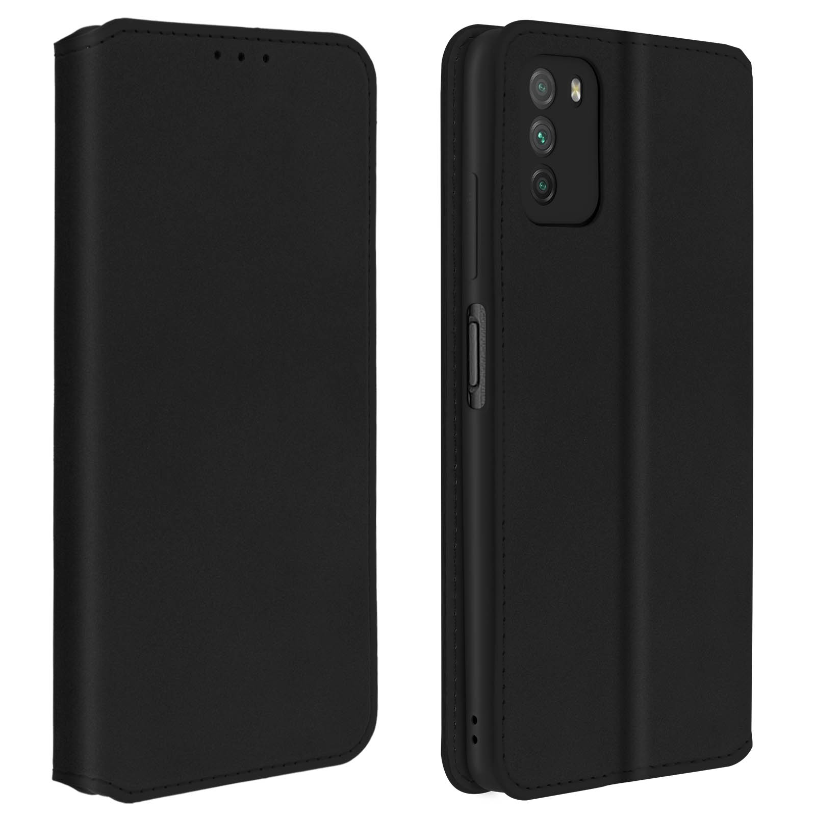 Custodia per telefono nera, chiusa e aperta. La custodia aperta mostra il telefono all'interno, con tre fotocamere.