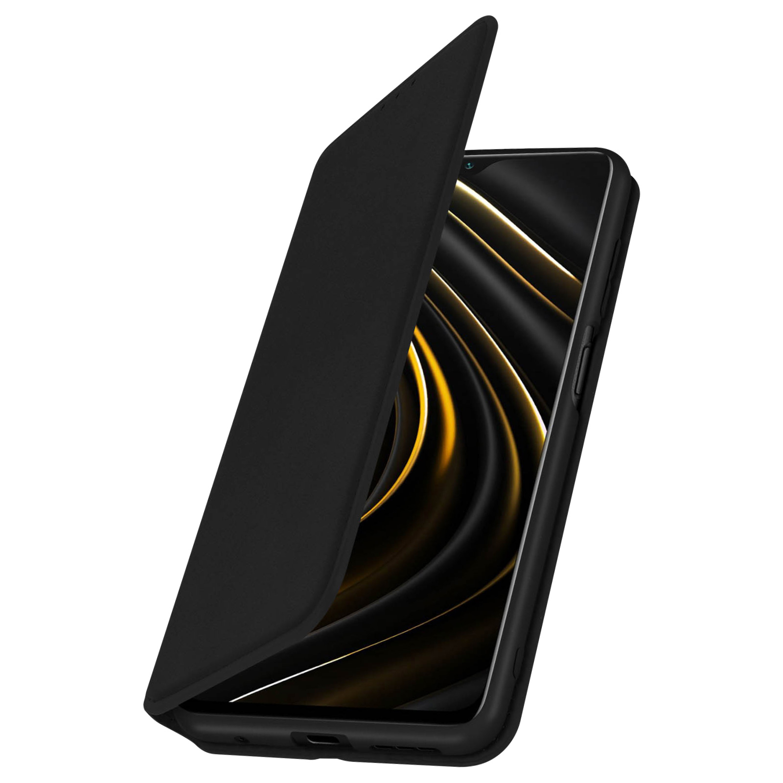 Custodia nera con telefono dentro. Copertura aperta, mostra lo schermo. Sfondo nero.
