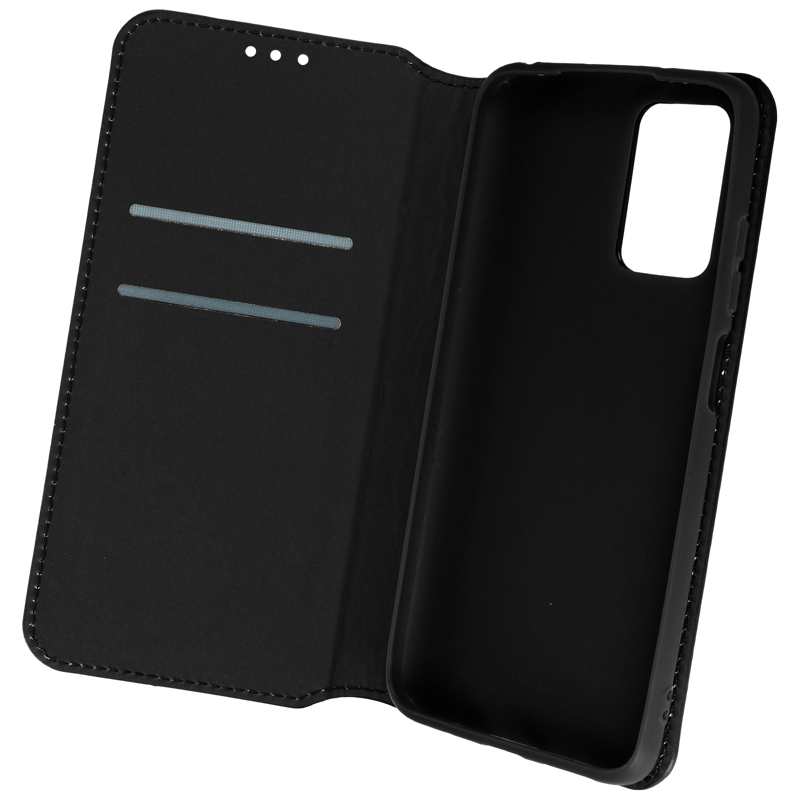 Étui de téléphone noir, ouvert. À l'intérieur, des fentes pour cartes. Le côté du téléphone est noir.