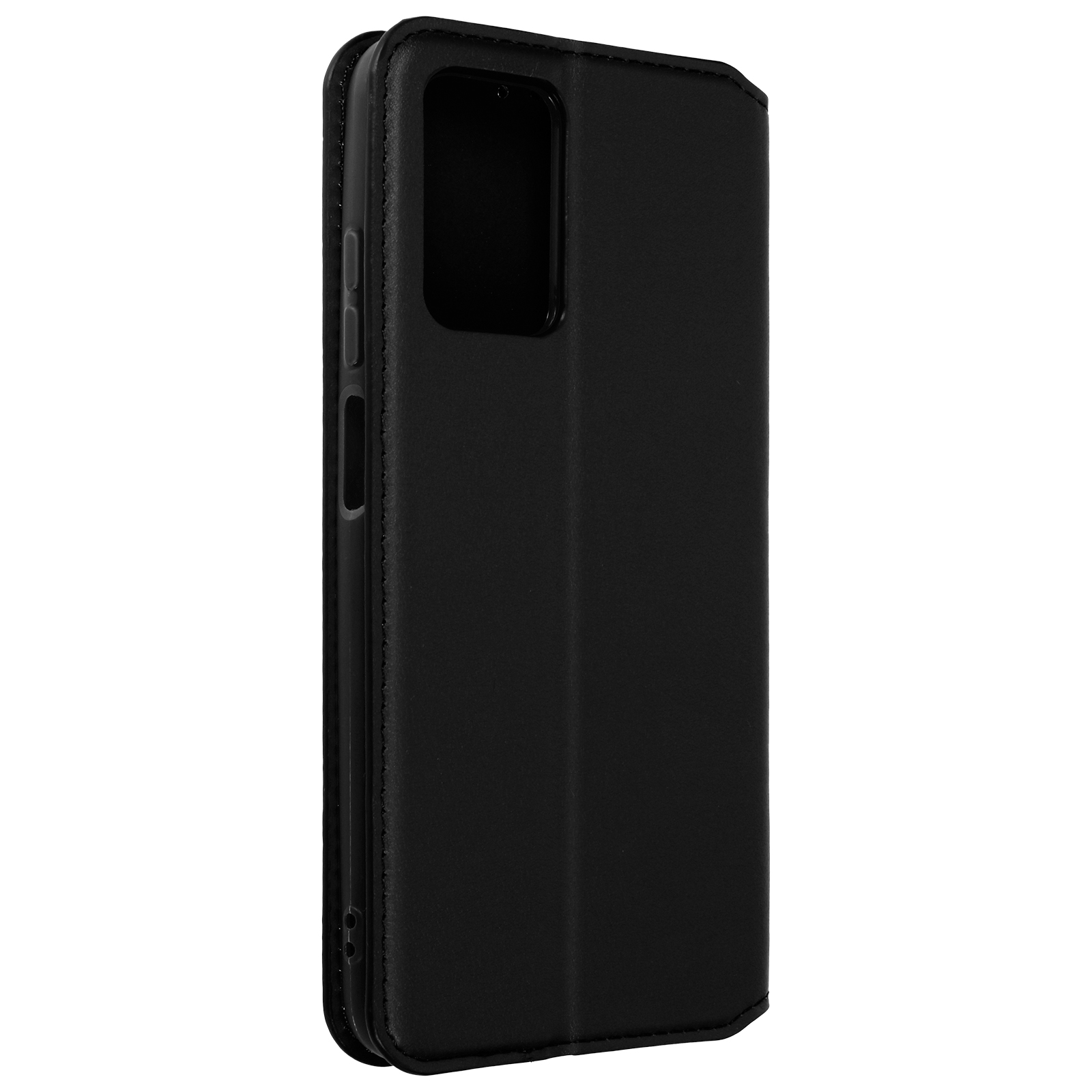 Étui de téléphone noir fermé. Montre un téléphone. L'étui est sur une surface blanche.