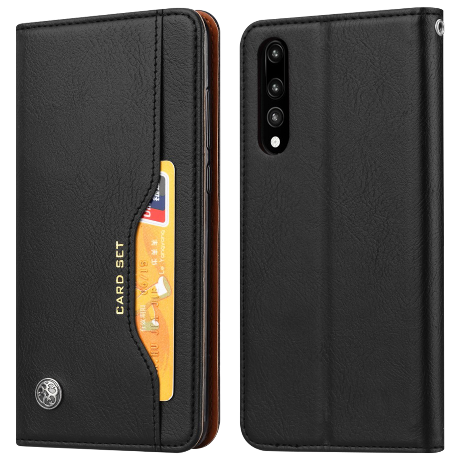 Custodia nera per telefono, aperta. Mostra un porta carte con una carta inserita. Telefono visibile.