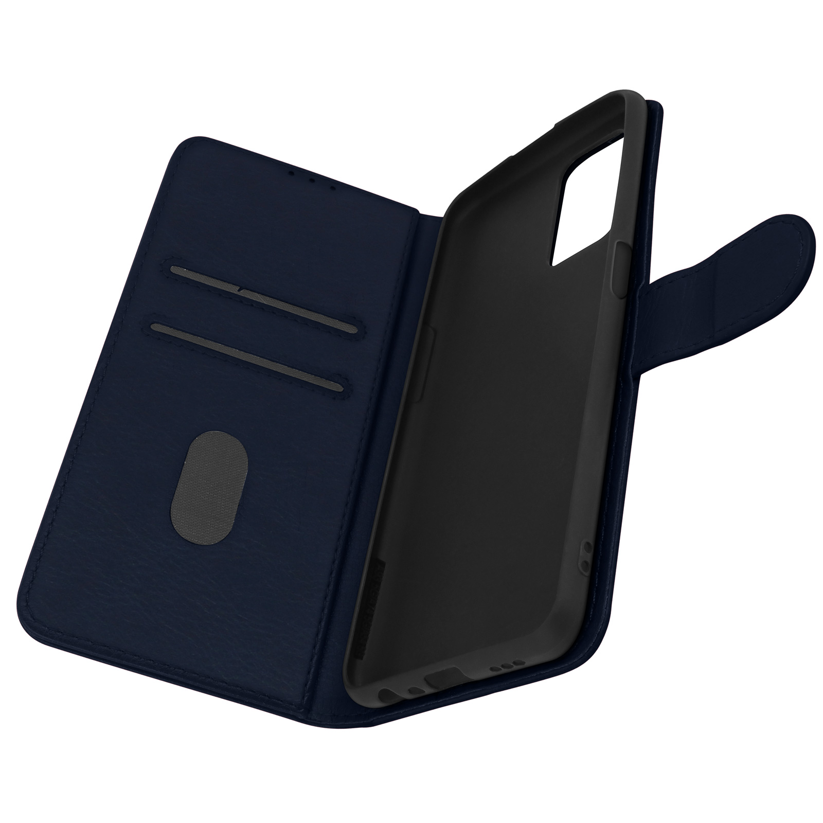 Étui de téléphone bleu marine, ouvert. Intérieur avec fentes pour cartes et téléphone noir.