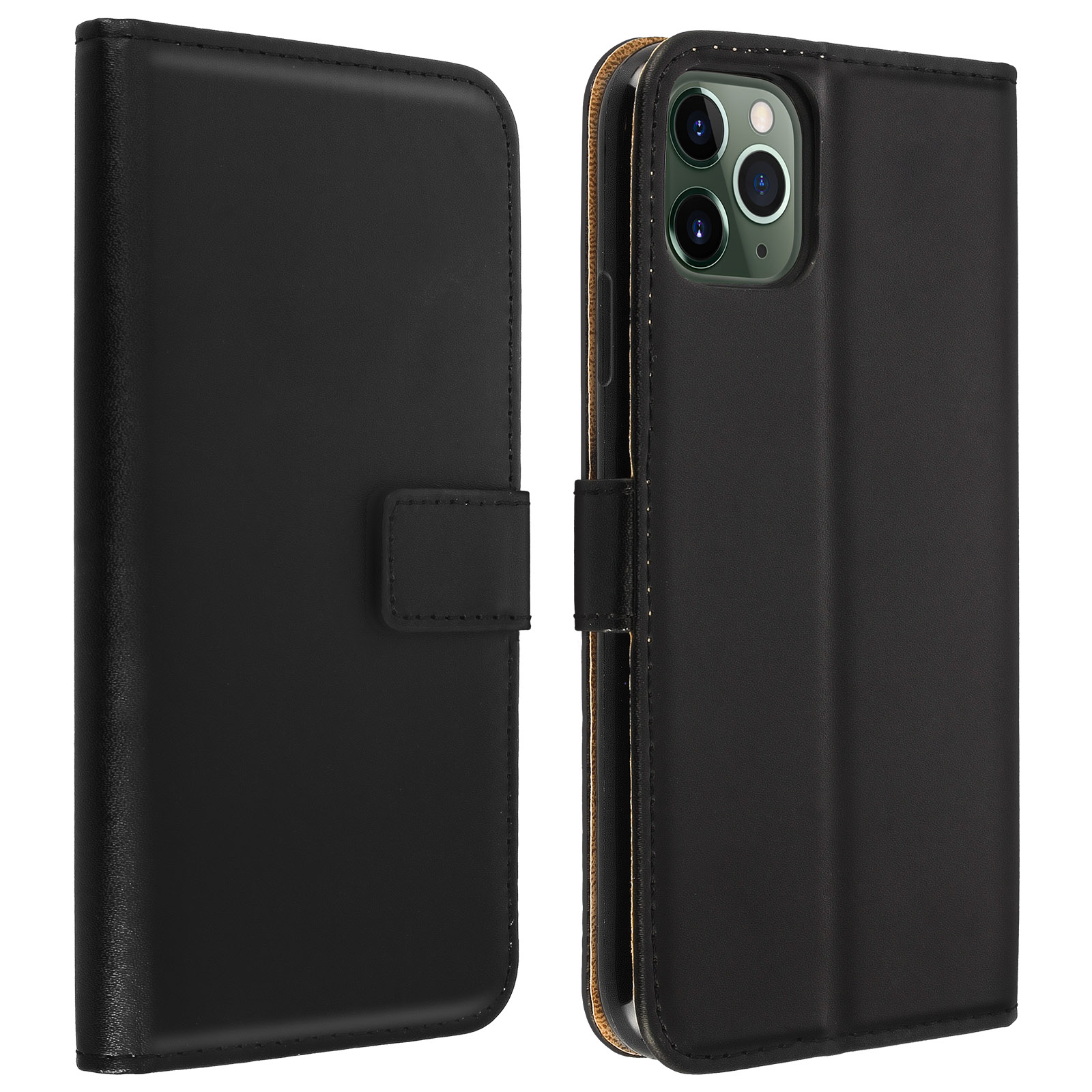 Étui de téléphone en cuir noir. Fermé à gauche, ouvert à droite, montrant un téléphone à l'intérieur.