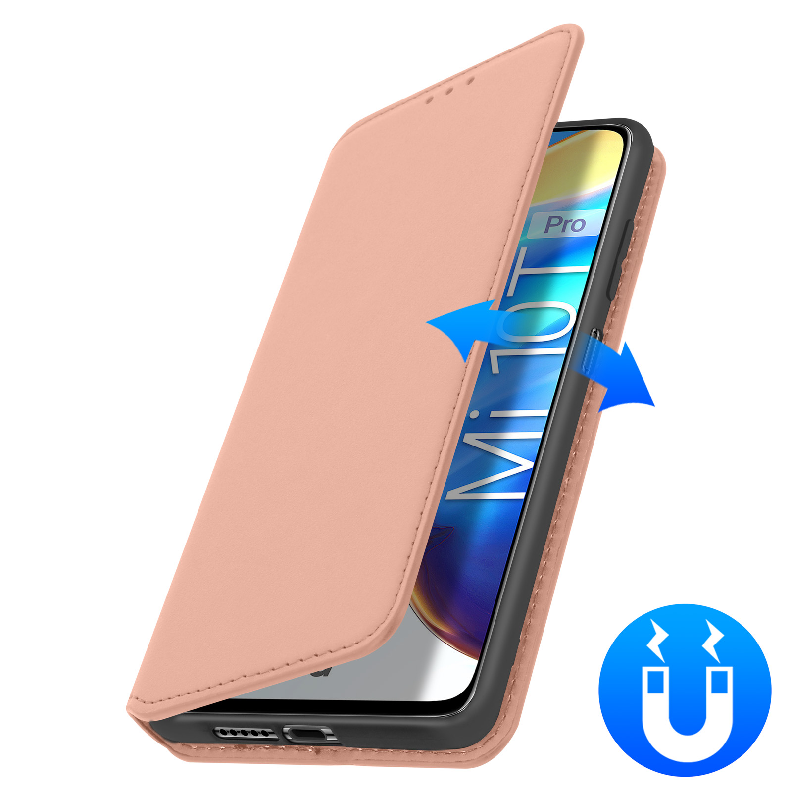 Una custodia per telefono rosa con un telefono all'interno. Sullo schermo sono mostrate frecce e un simbolo di calamita.