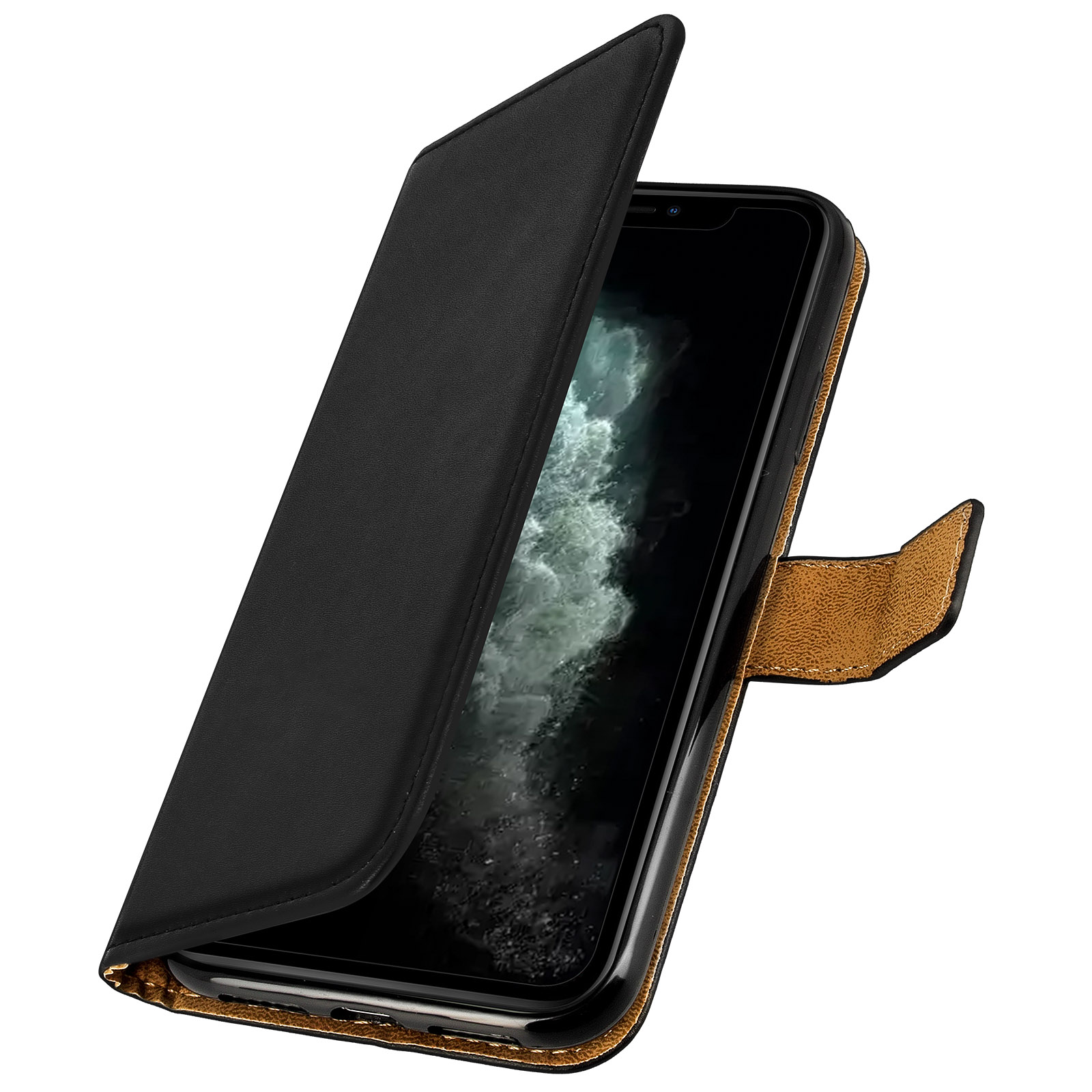 Étui de téléphone noir ouvert, révélant un téléphone. Cuir marron et fond blanc.