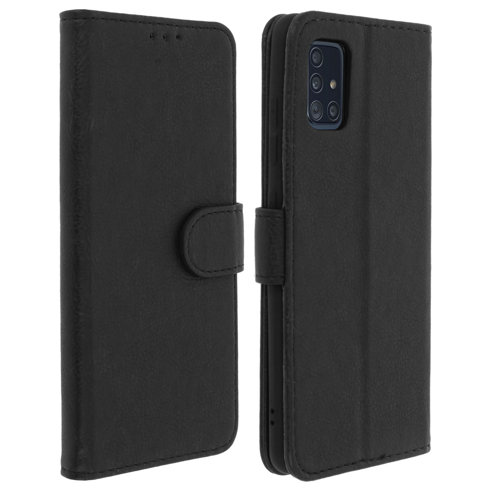 Étui de téléphone noir fermé et ouvert, intérieur avec fentes et trous caméra.