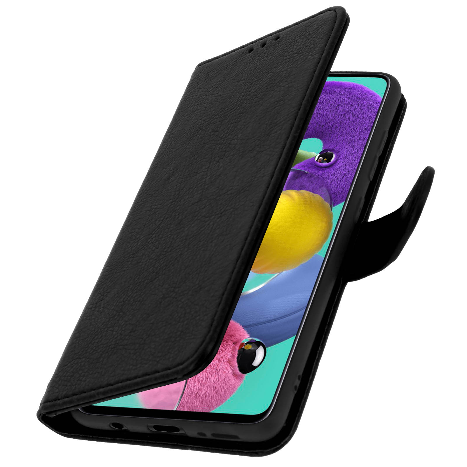 Coque de téléphone noire ouverte, révélant écran avec fond abstrait coloré.