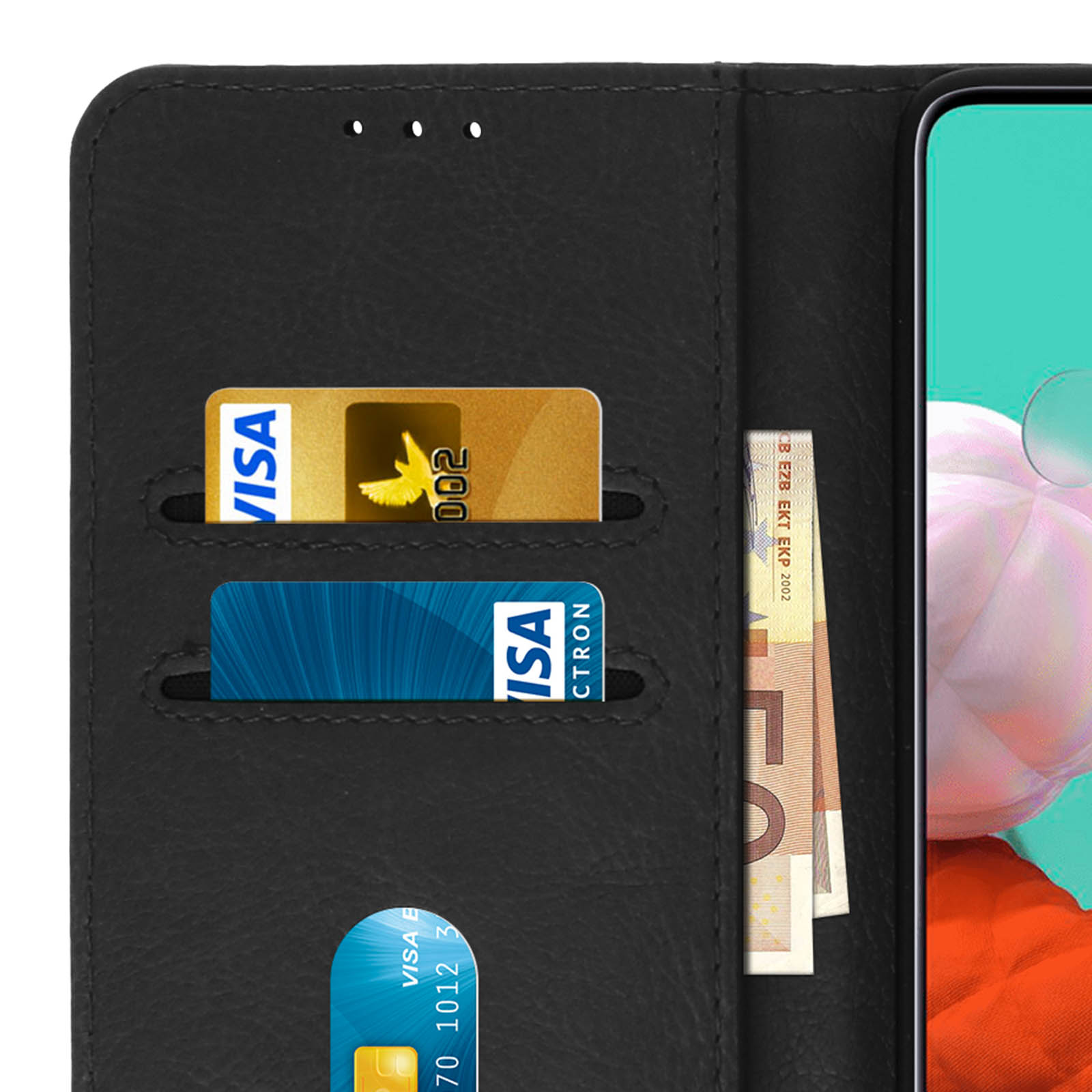 Coque de téléphone noire avec cartes de crédit et devises à l'intérieur.