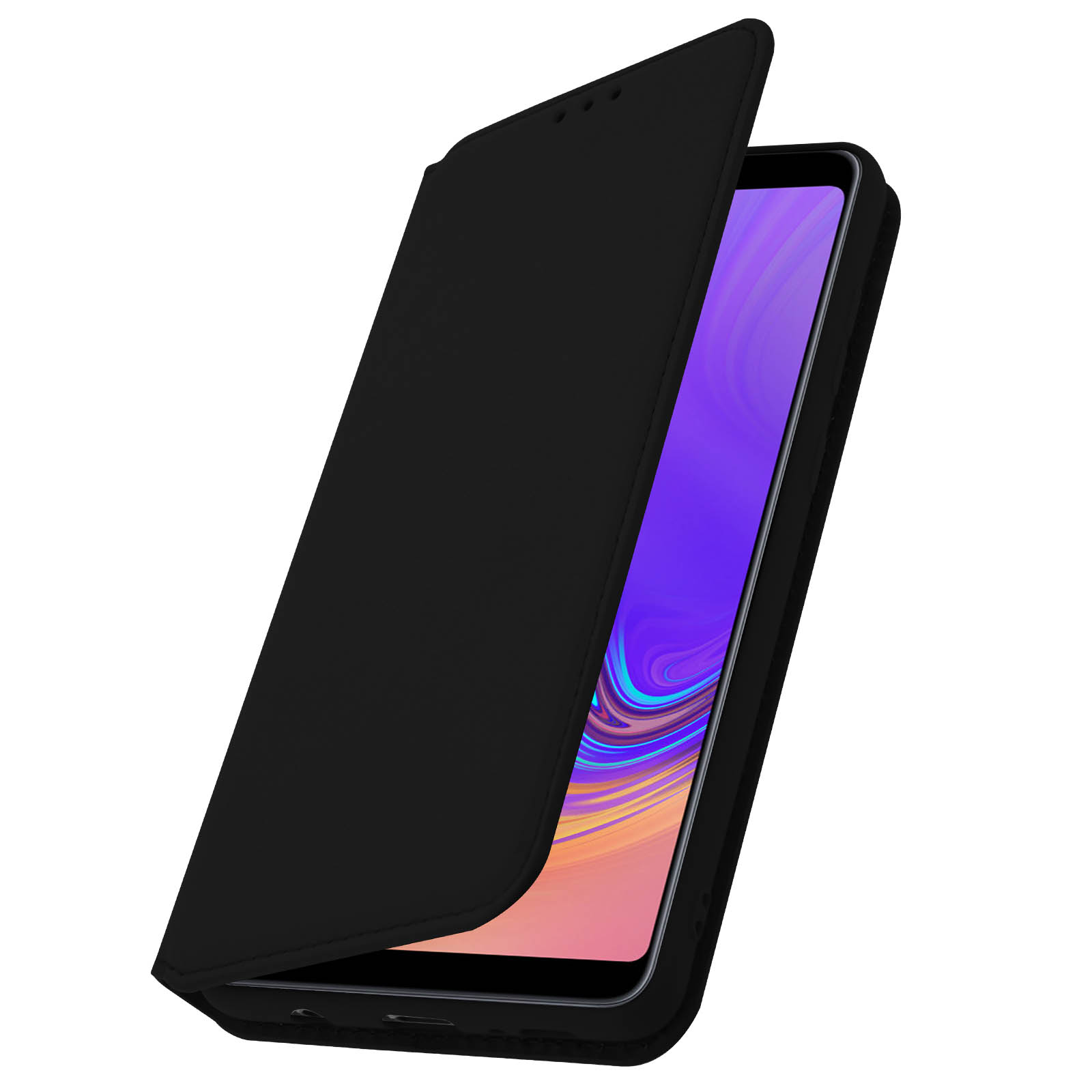 Custodia nera per telefono. Custodia aperta, che mostra un telefono all'interno. Lo schermo del telefono è acceso. La custodia è nera.