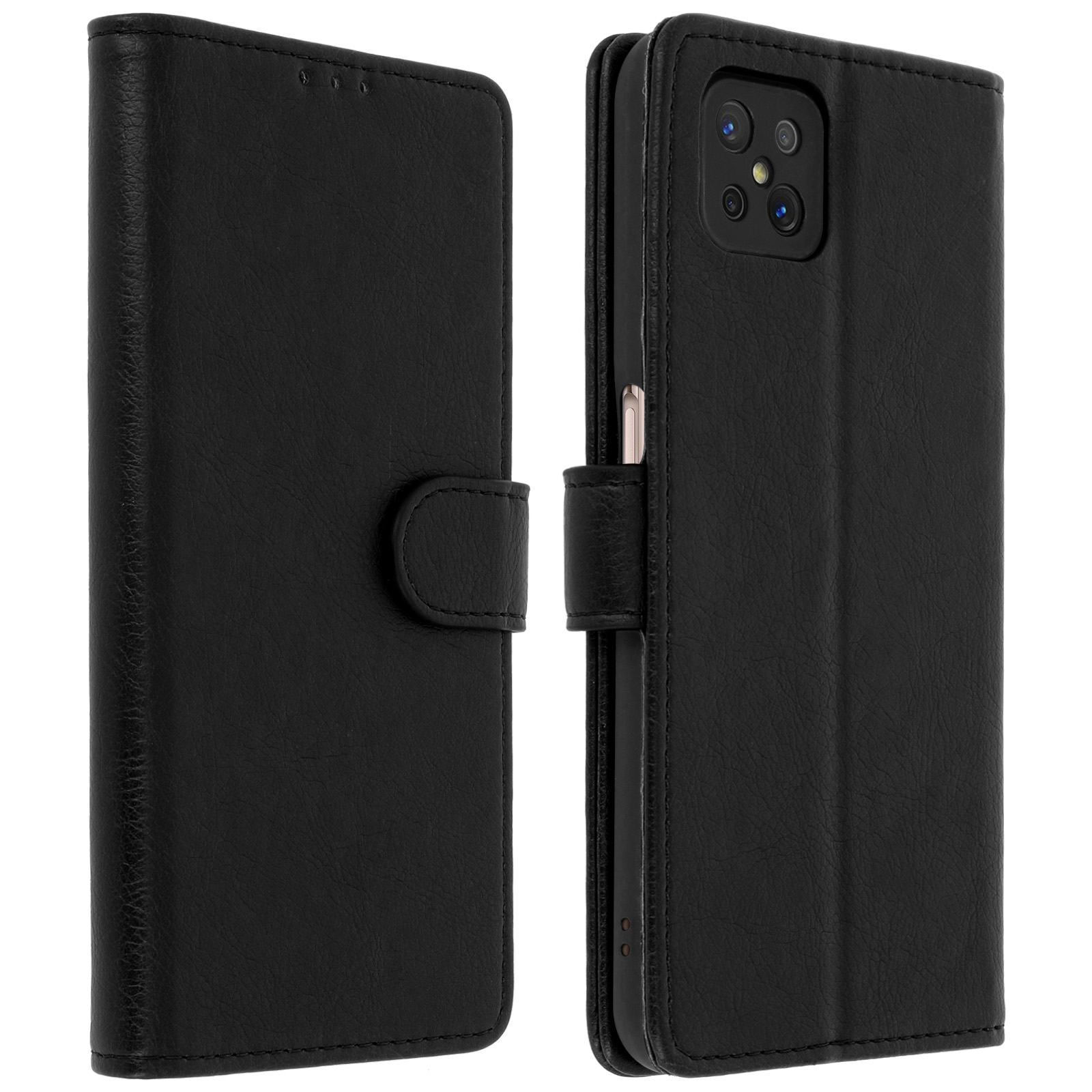 Custodia nera, chiusa. Telefono dentro. Bottone e chiusura visibili.