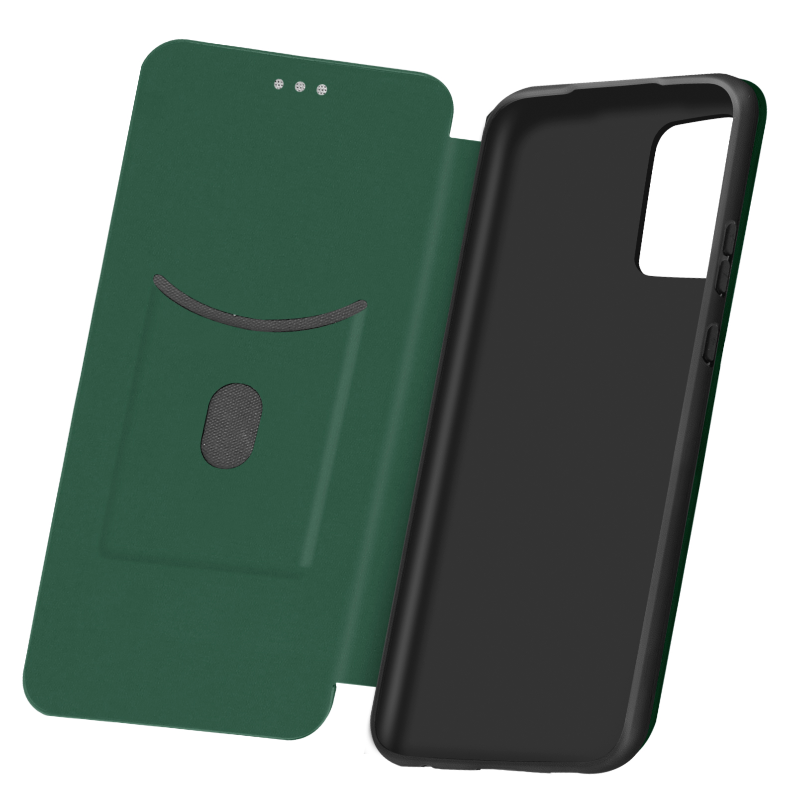 Groene telefoonhoes open. Binnenaanzicht toont een telefoonhouder. De hoes is open, op een witte achtergrond.