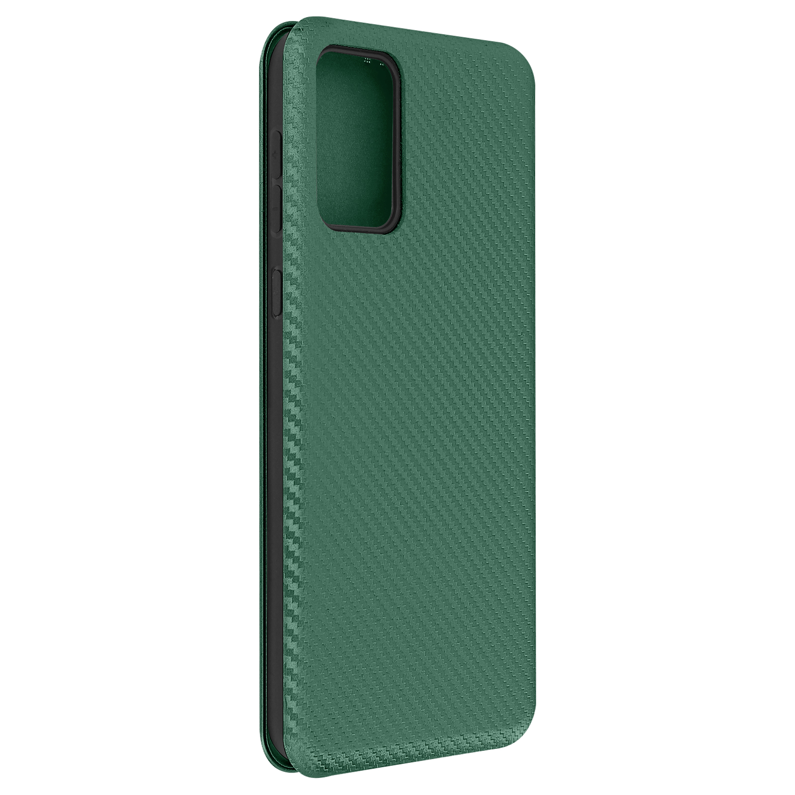 Groene telefoonhoes met een koolstofvezeltextuur.