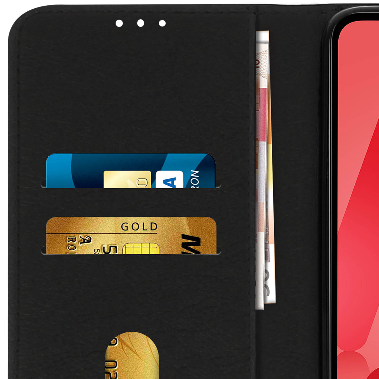 Custodia a portafoglio nera con carte di credito e banconote.