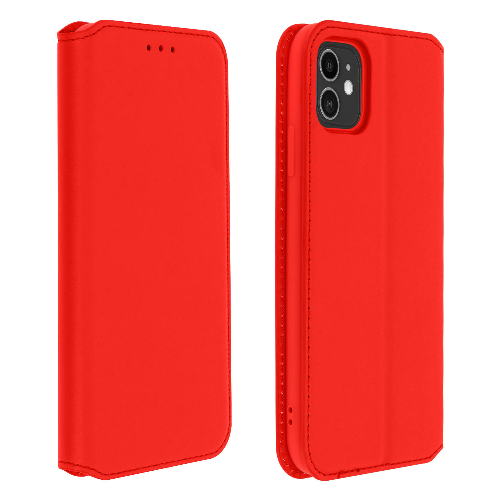 Custodia rossa, aperta e chiusa. Il telefono è rosso.