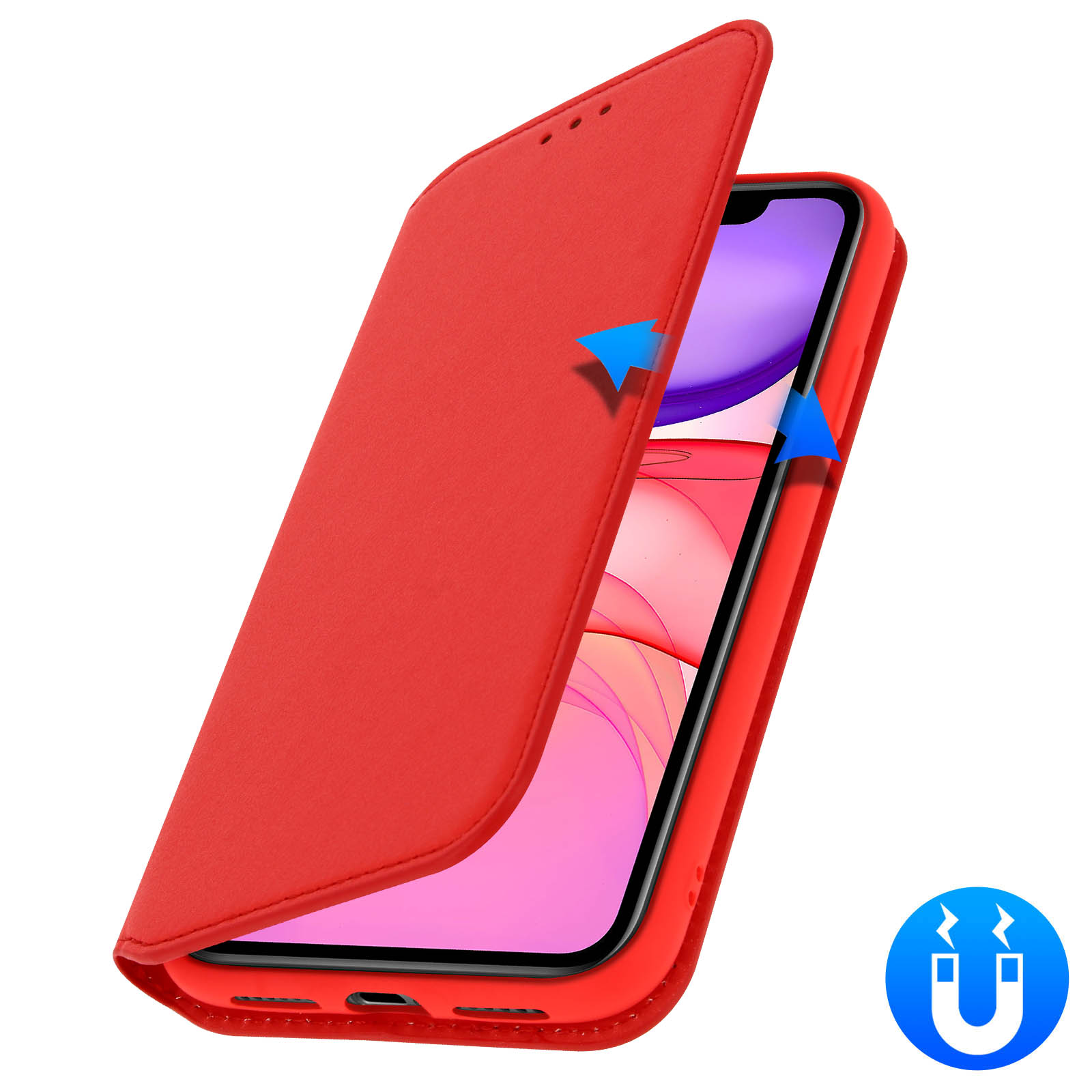 Custodia rossa per telefono con telefono all'interno. La custodia è aperta. Lo schermo è visibile.