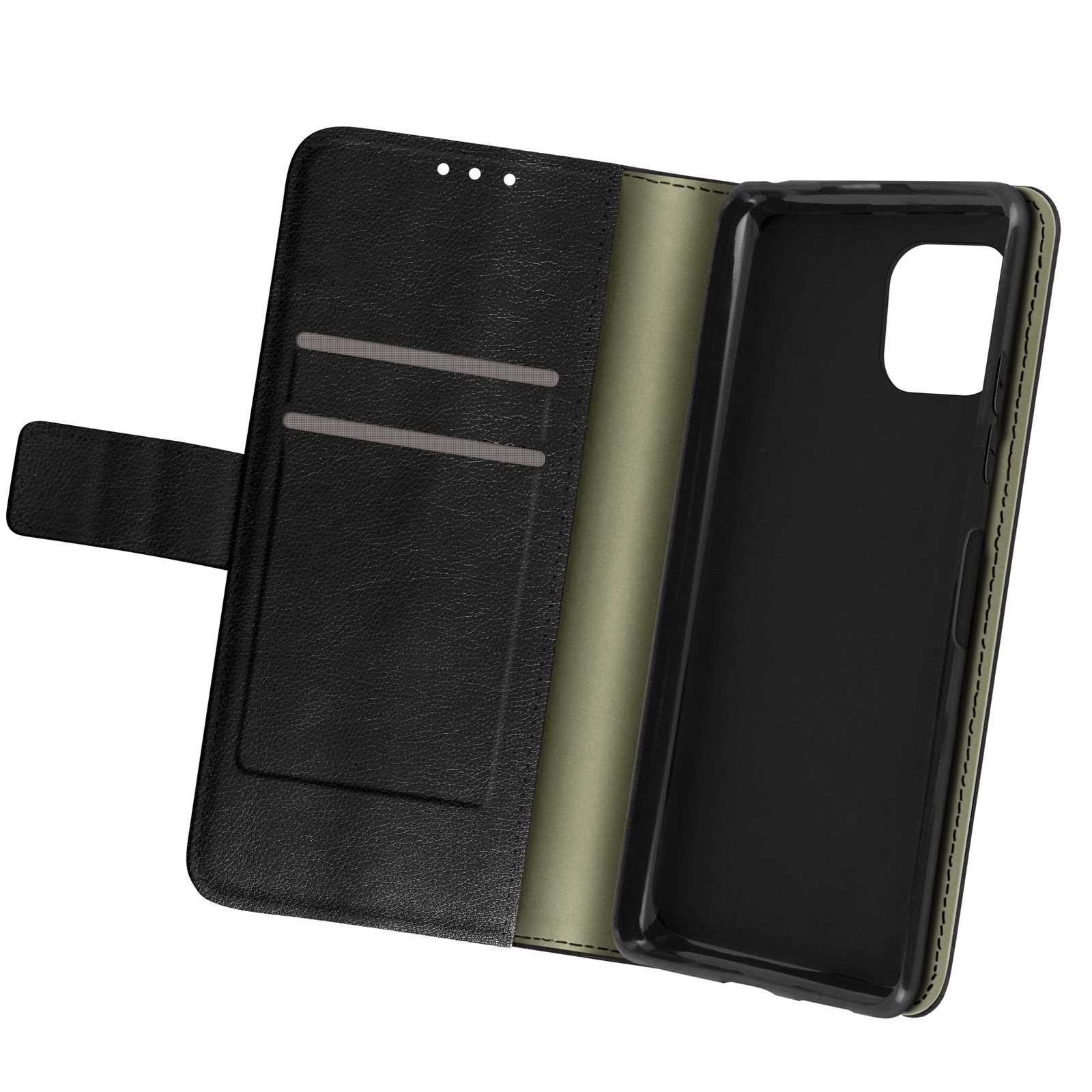 Custodia nera per telefono aperta, due viste. Interno, con fessure per carte e supporto per telefono, interno verde.