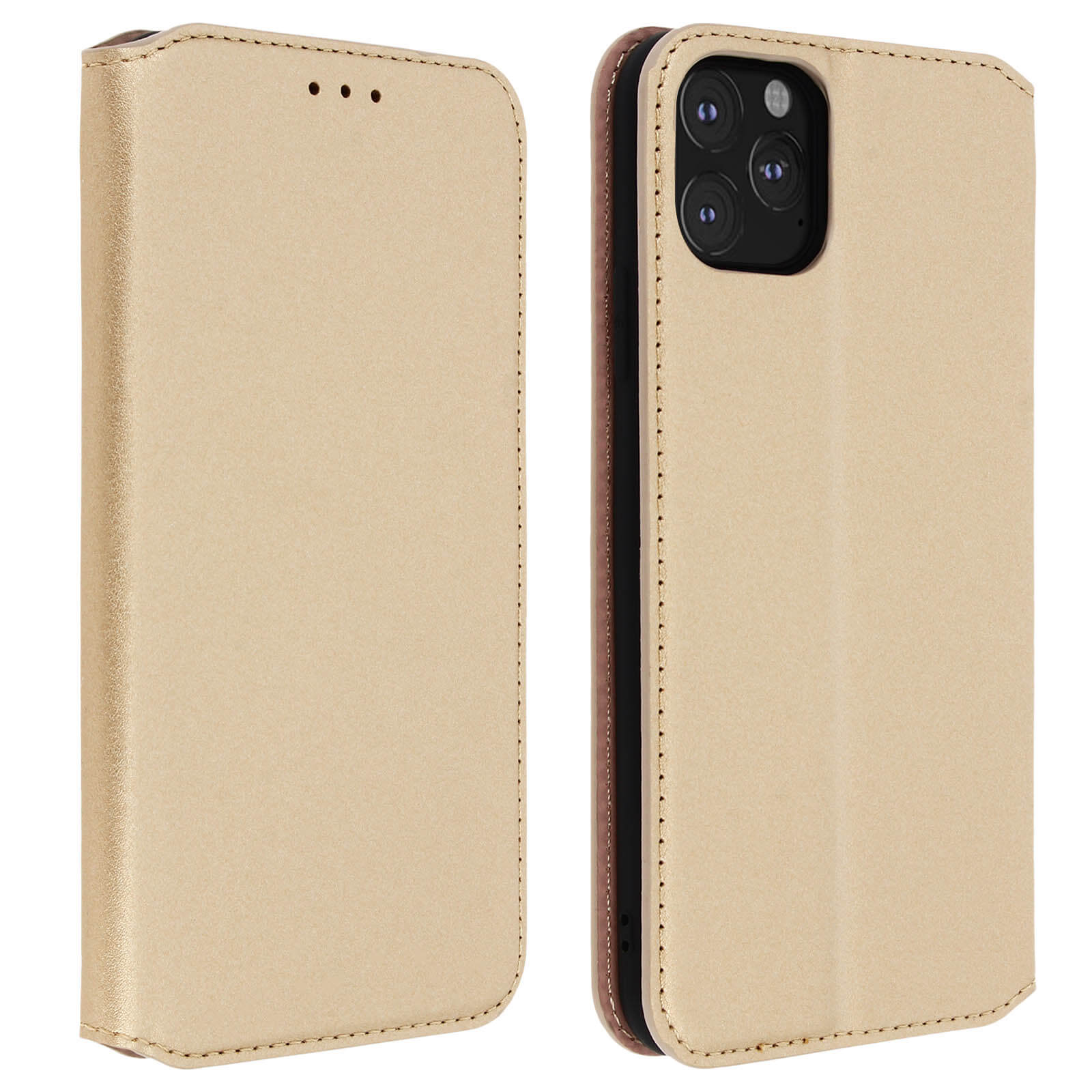 Gouden telefoonhoes, gesloten. Het heeft drie kleine gaatjes. De telefoonzijde is bruin en heeft een camera.