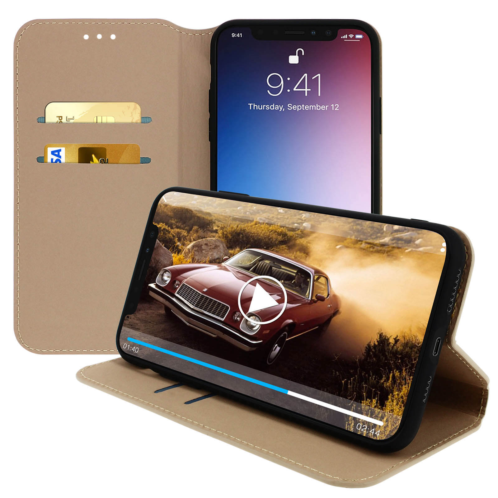 Twee telefoons in hoesjes, één met een autovideo en de ander met een beginscherm. Beide hoesjes zijn beige en open.
