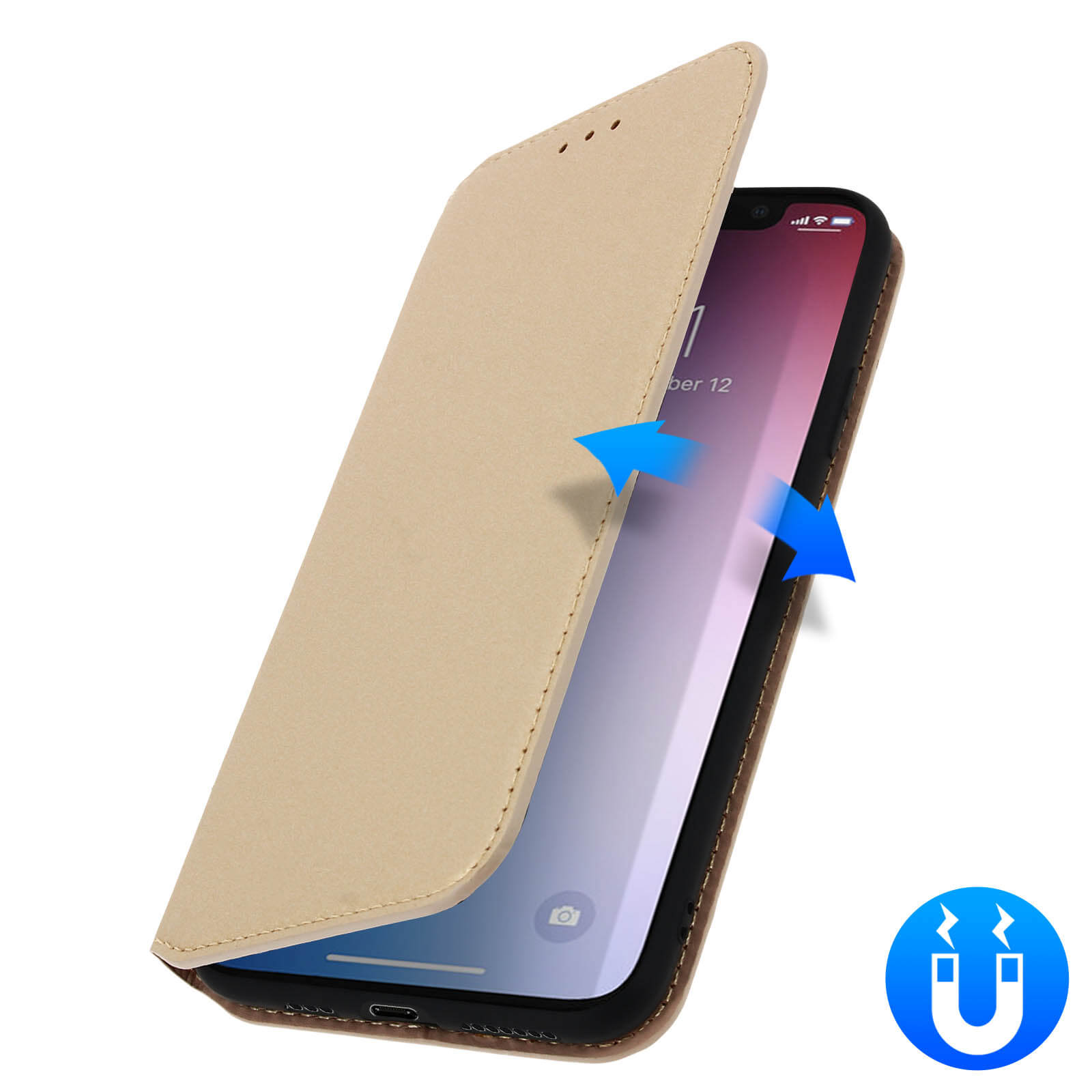 Telefoon in een beige hoes met een open flap. Pijlen en een magneeticoon zijn zichtbaar. Achtergrond: wit.