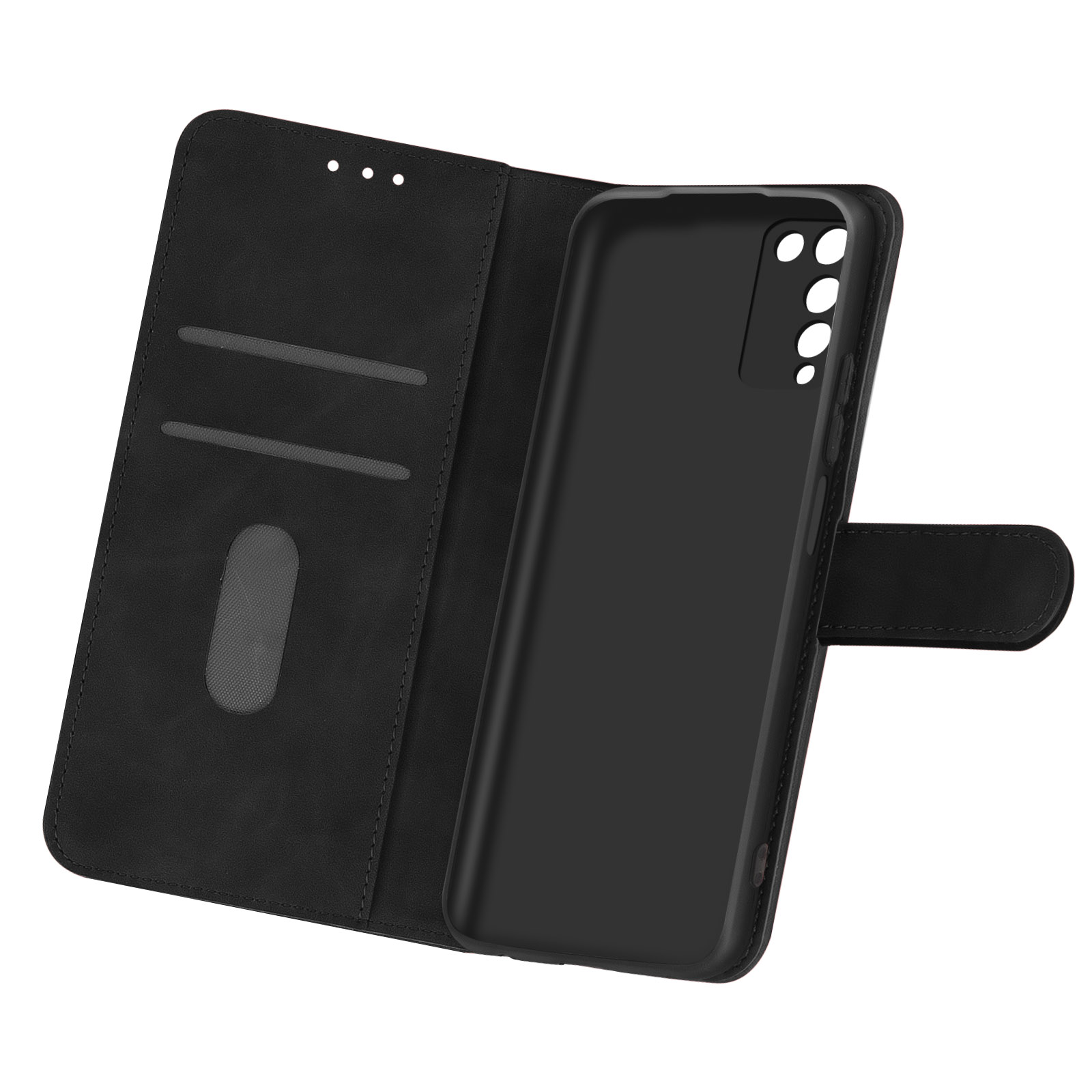 Schwarze Leder-Handyhülle, offen, mit Telefon im Inneren.