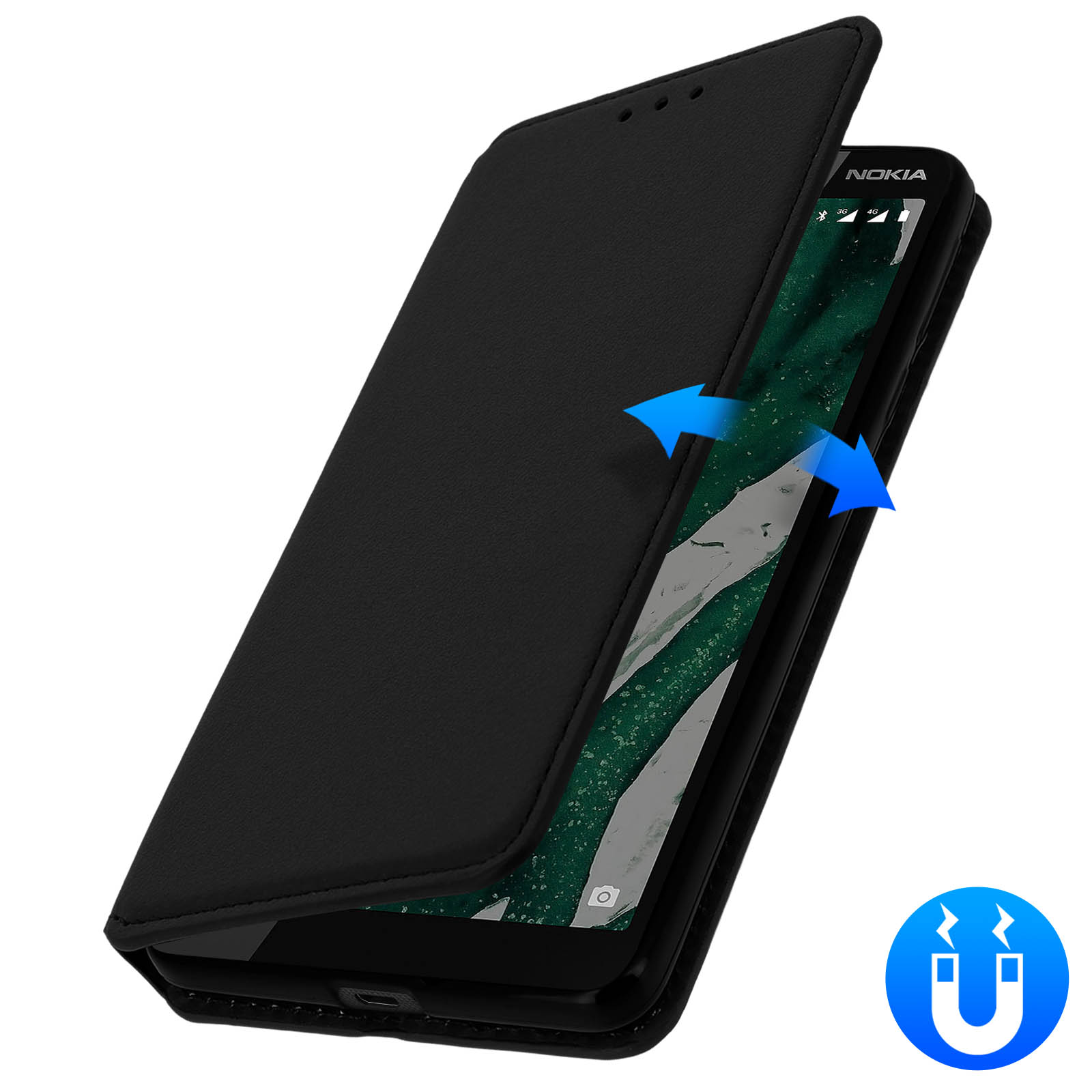 Custodia per telefono nera con coperchio aperto. Lo schermo del telefono è visibile, con sfondo verde.