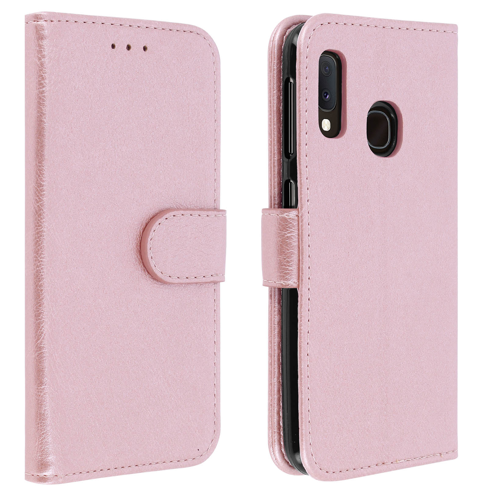 Roze telefoonhoes, open. Telefoon binnenin. Interieur met kaartsleuven. Witte achtergrond.