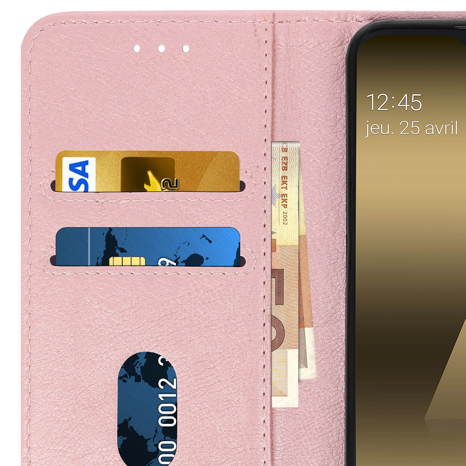 Étui de téléphone rose avec cartes, smartphone avec affichage de l'heure et devise.