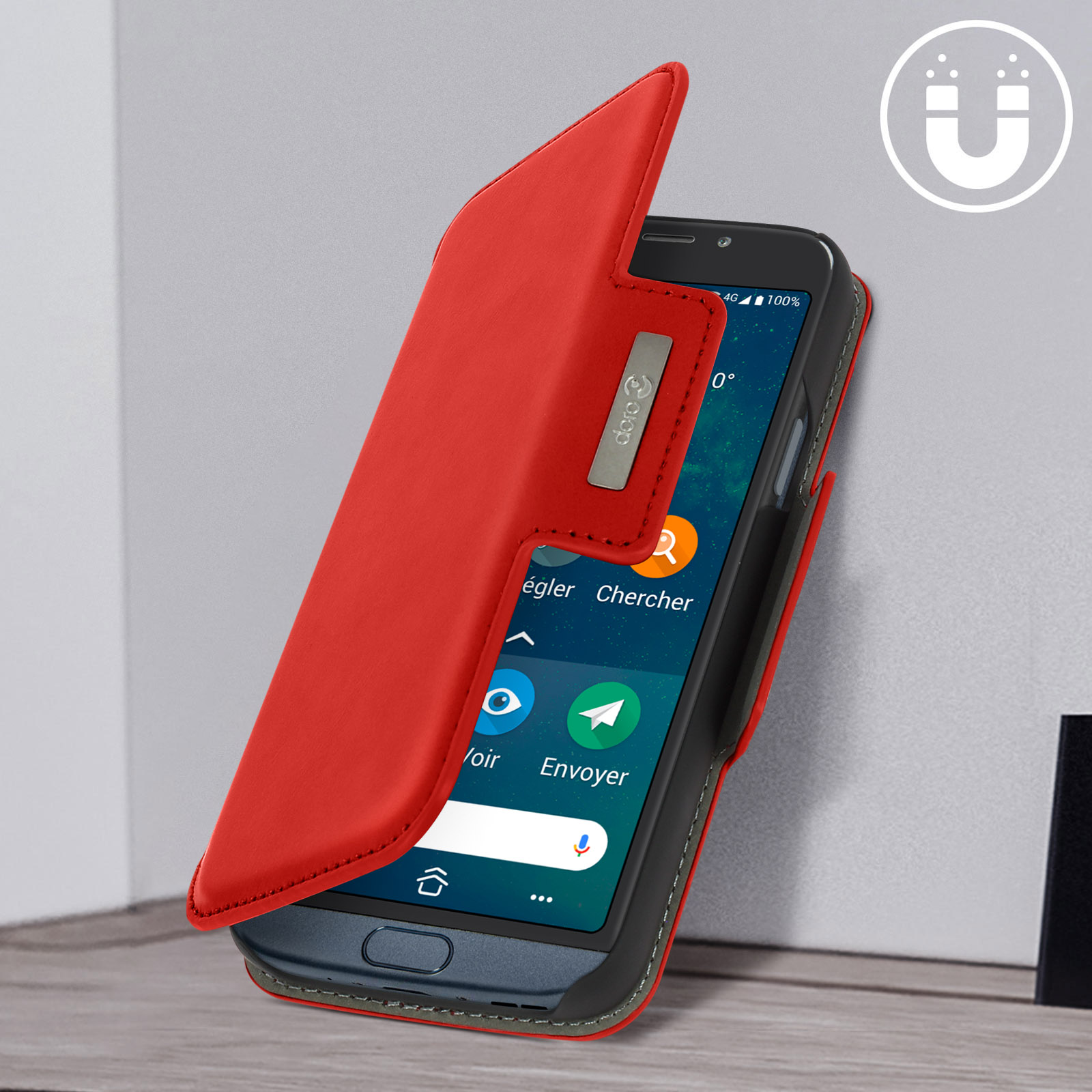 Custodia rossa con telefono dentro, aperta e angolata contro un muro.