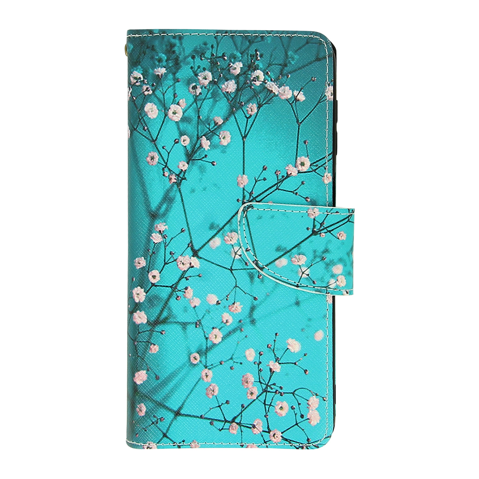 Custodia per telefono turchese con cuciture bianche, design floreale e chiusura magnetica.