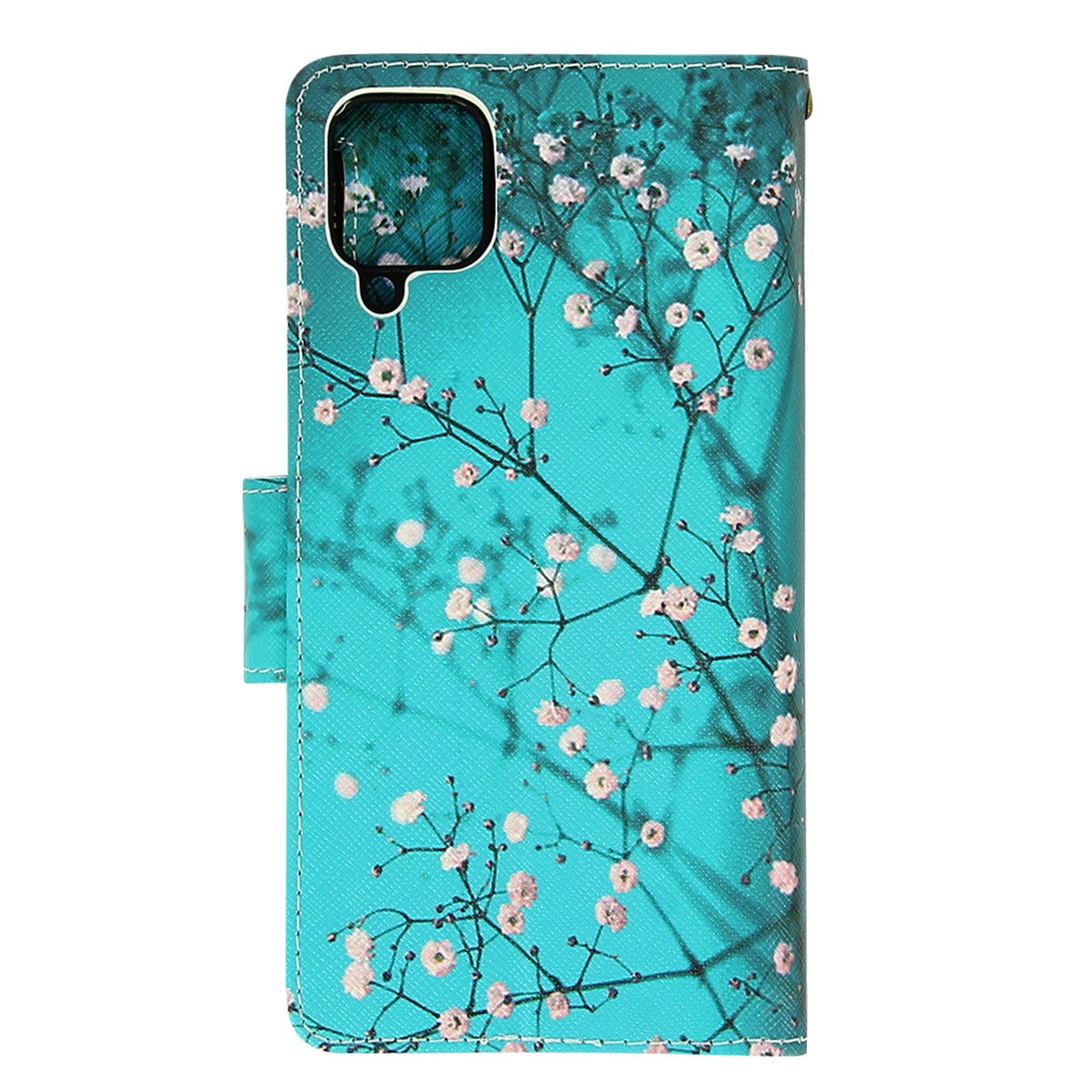 Custodia per telefono con motivo floreale, sfondo turchese con fiori bianchi.
