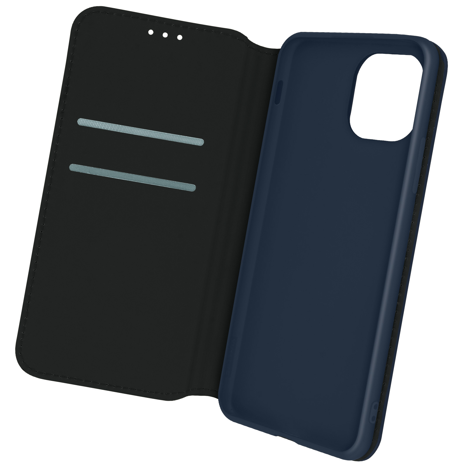 Custodia blu navy, aperta. Custodia blu scuro con due fessure per carte. Custodia blu per telefono all'interno.