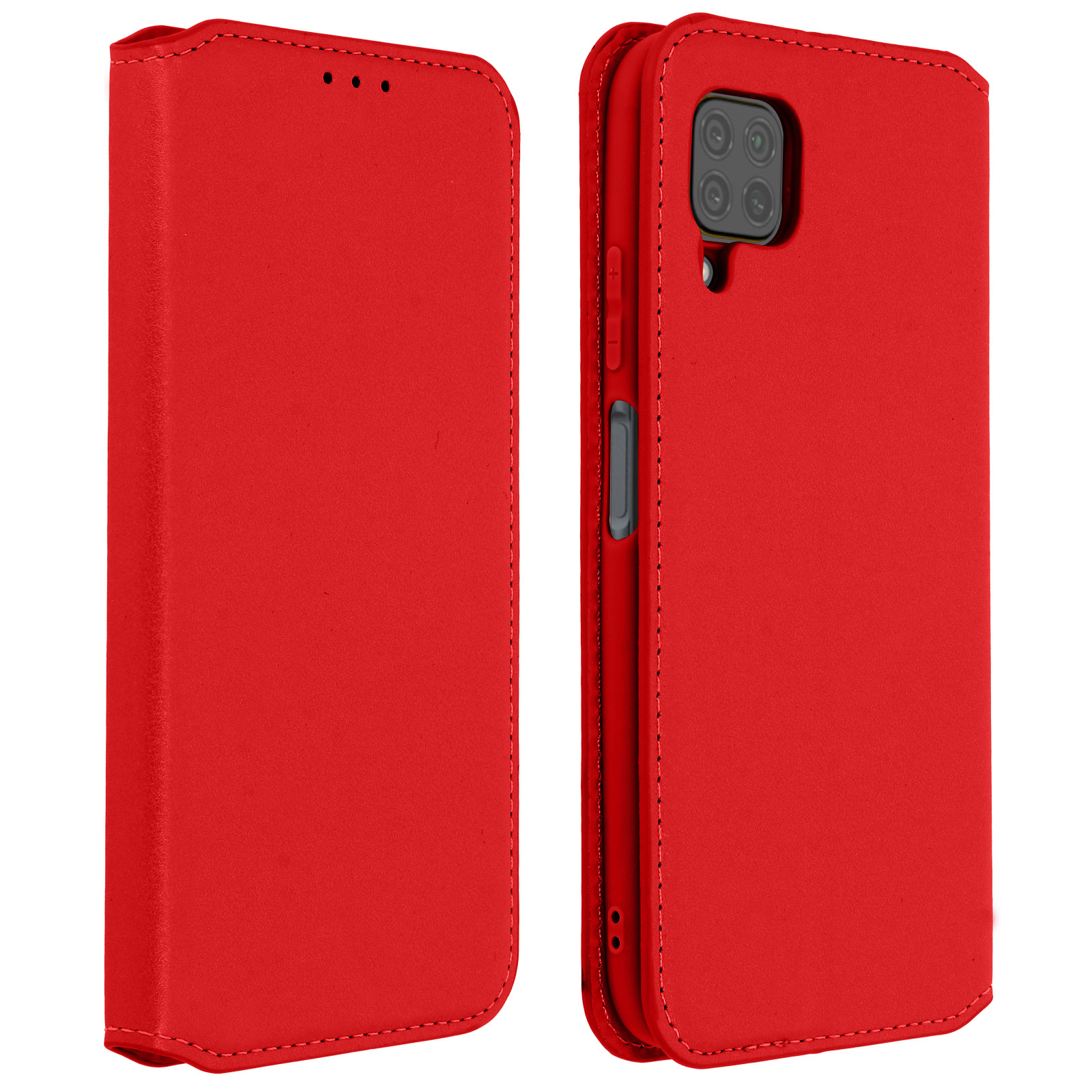 Custodia rossa per telefono, chiusa e aperta, che mostra l'esterno rosso, con modulo fotocamera.