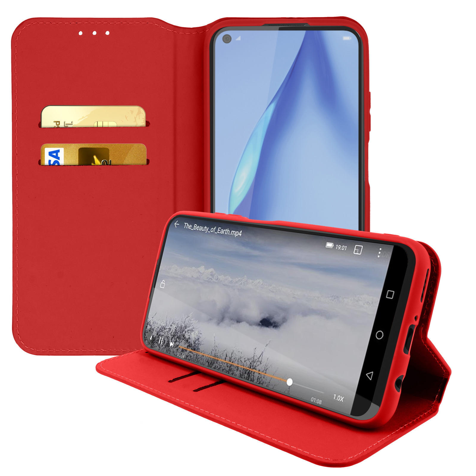Custodia rossa, aperta, carte, telefono con video. Un altro telefono nella custodia visibile.