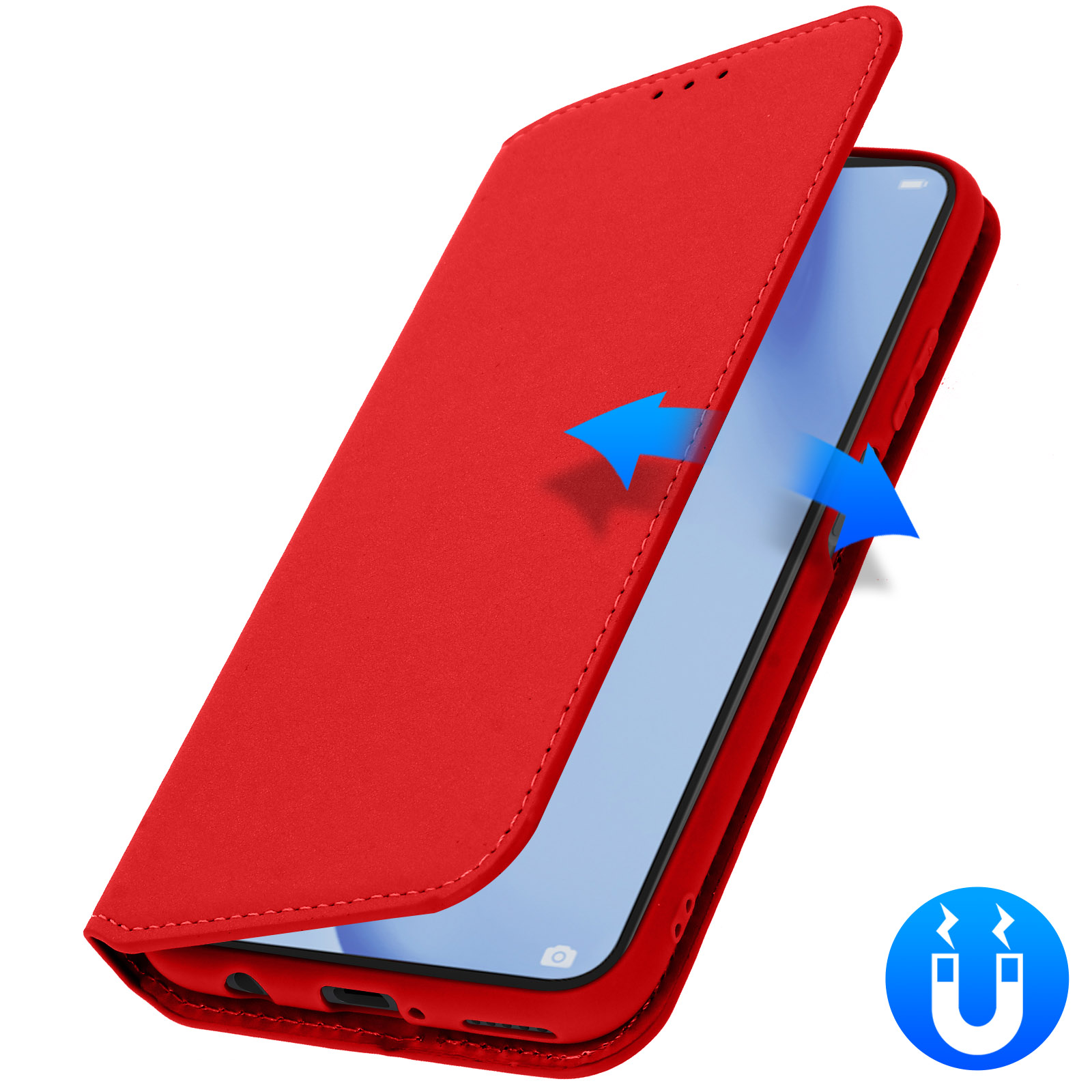 Una custodia per telefono rossa con frecce che indicano la chiusura magnetica. Un simbolo del magnete è visibile.