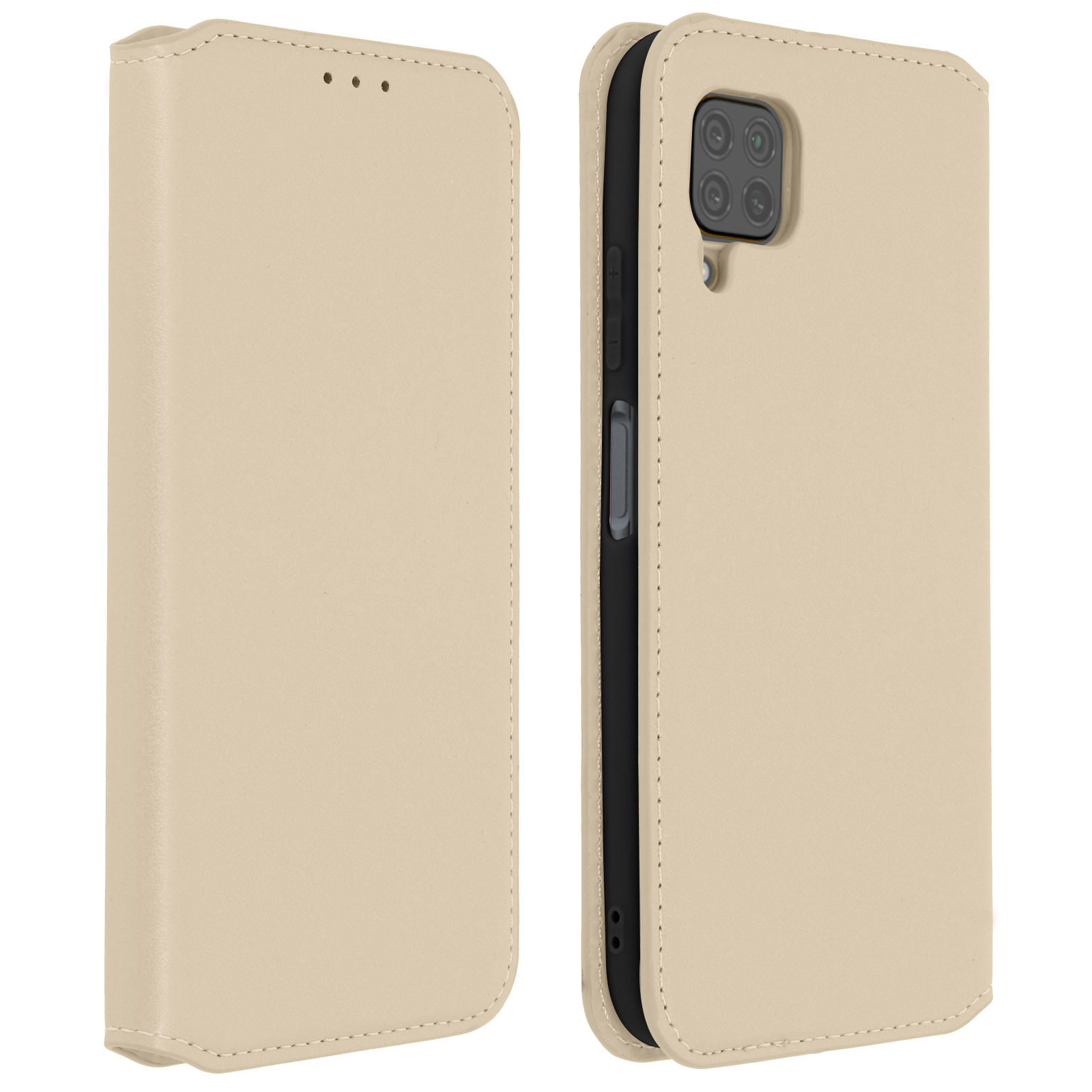Lichtbeige telefoonhoes, open en dicht. Gesloten hoes heeft gaten voor de camera.
