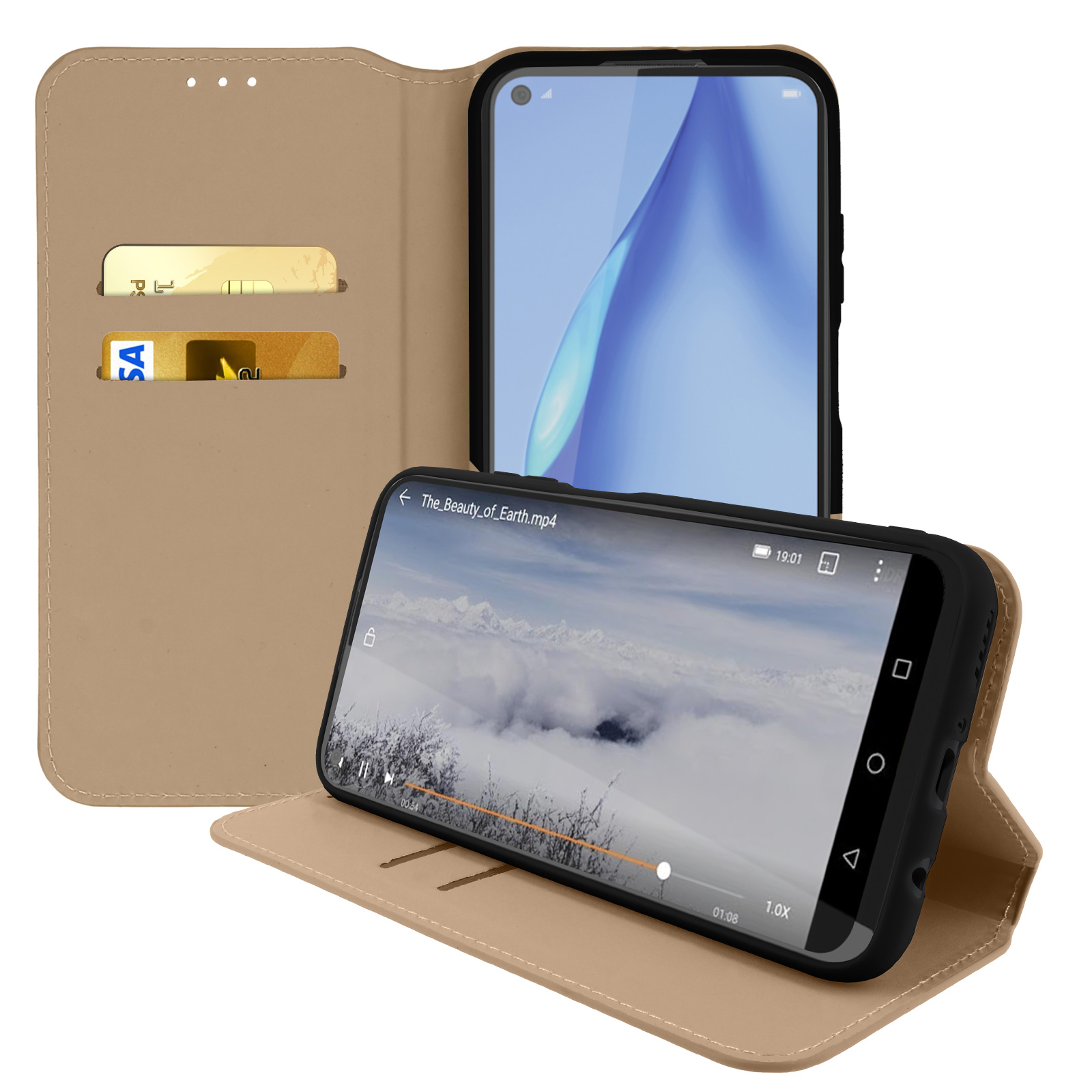 Een telefoonhoes, open, met een telefoon erin die een video toont, en kaartsleuven, schuine weergave.