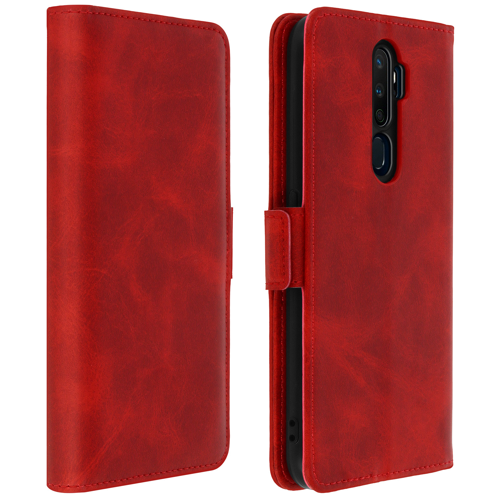 Étui de téléphone rouge, ouvert. Montre le téléphone à l'intérieur. L'étui est rouge. Fond blanc.