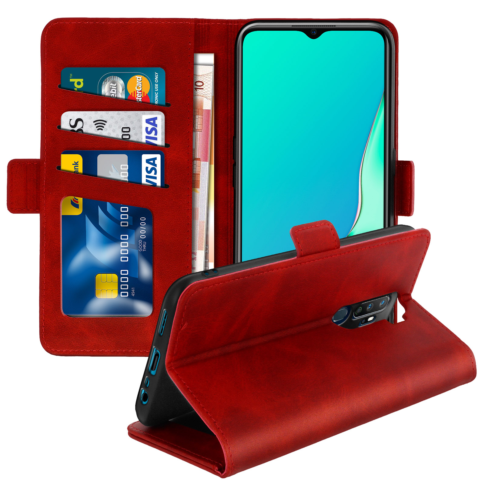 Étui portefeuille rouge avec cartes, argent et téléphone.
