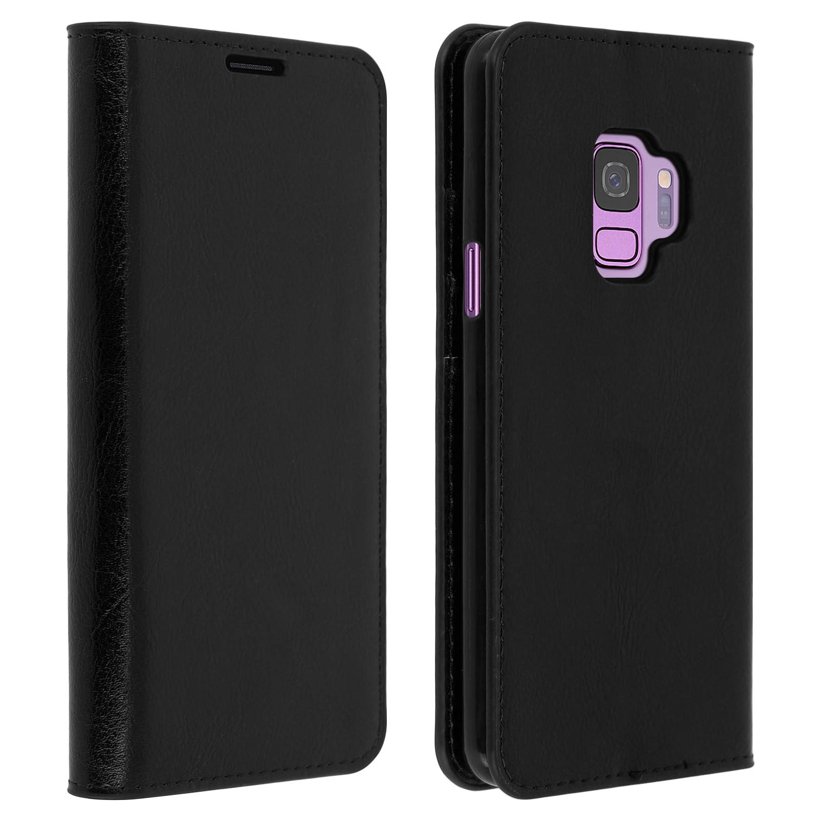 Custodia nera per telefono aperta e chiusa. Il telefono è nero con cornice della fotocamera viola.
